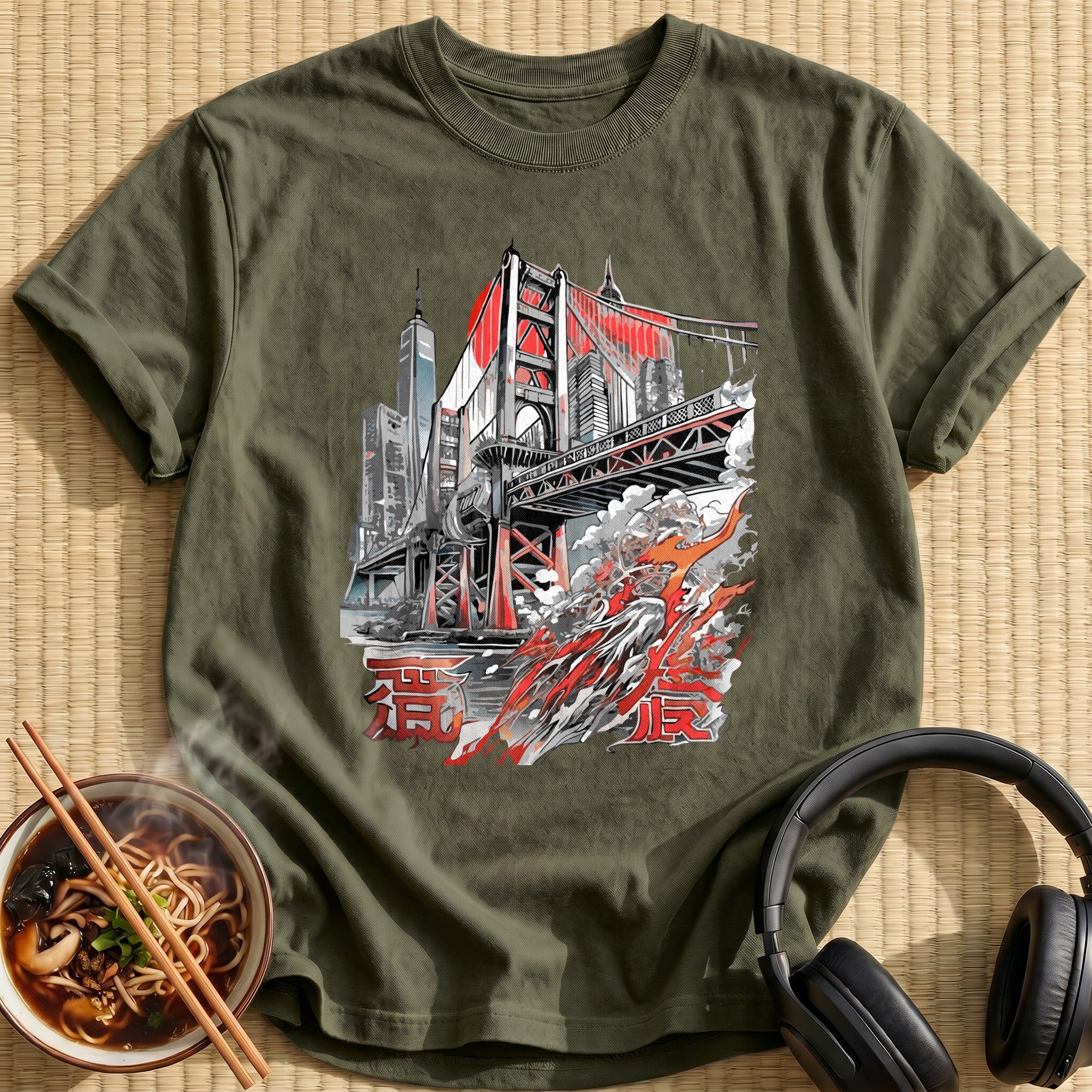 Tokyo Bridge Skyline Crashing Wave - Military Green