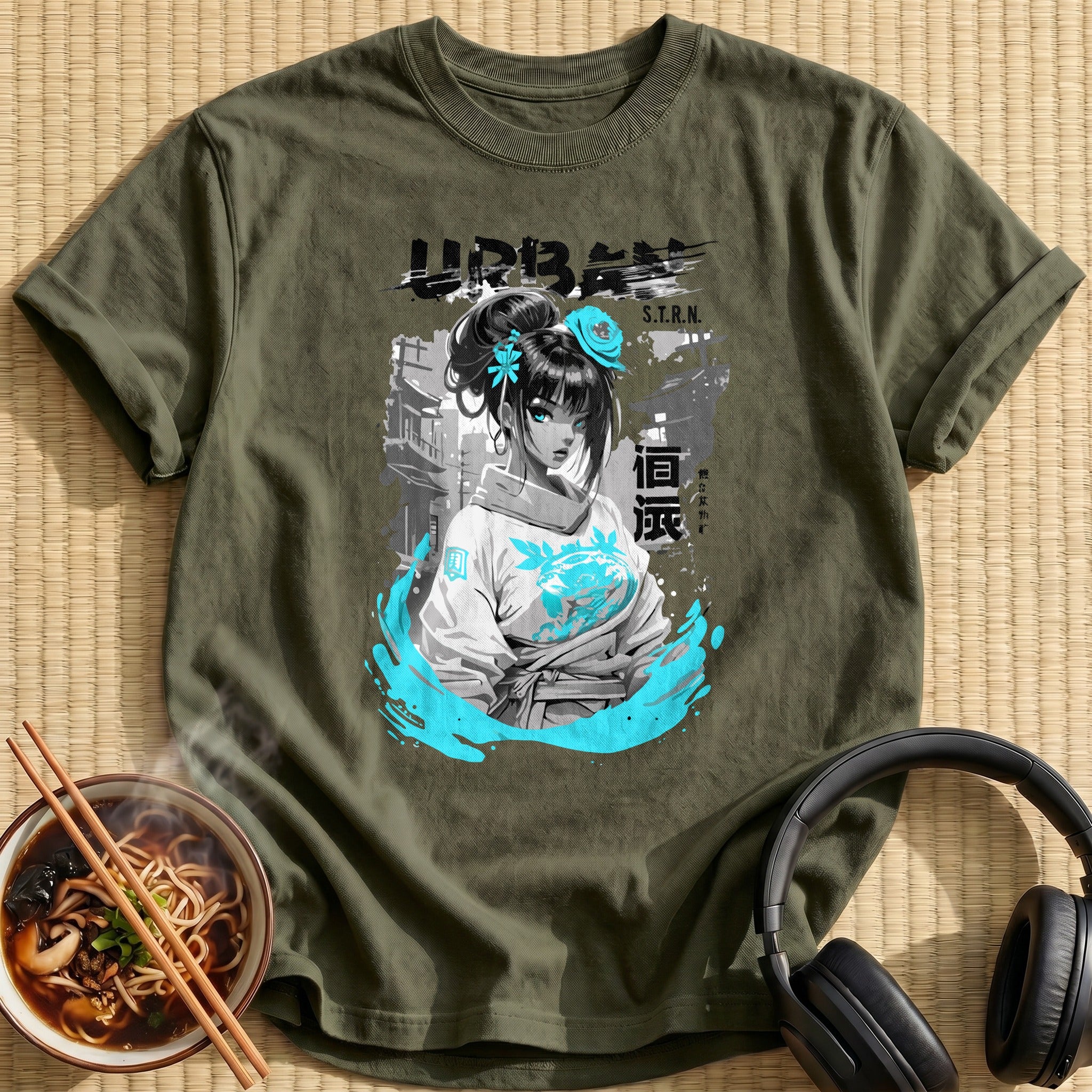 Urban Streetwear Anime Girl Cyan - Military Green