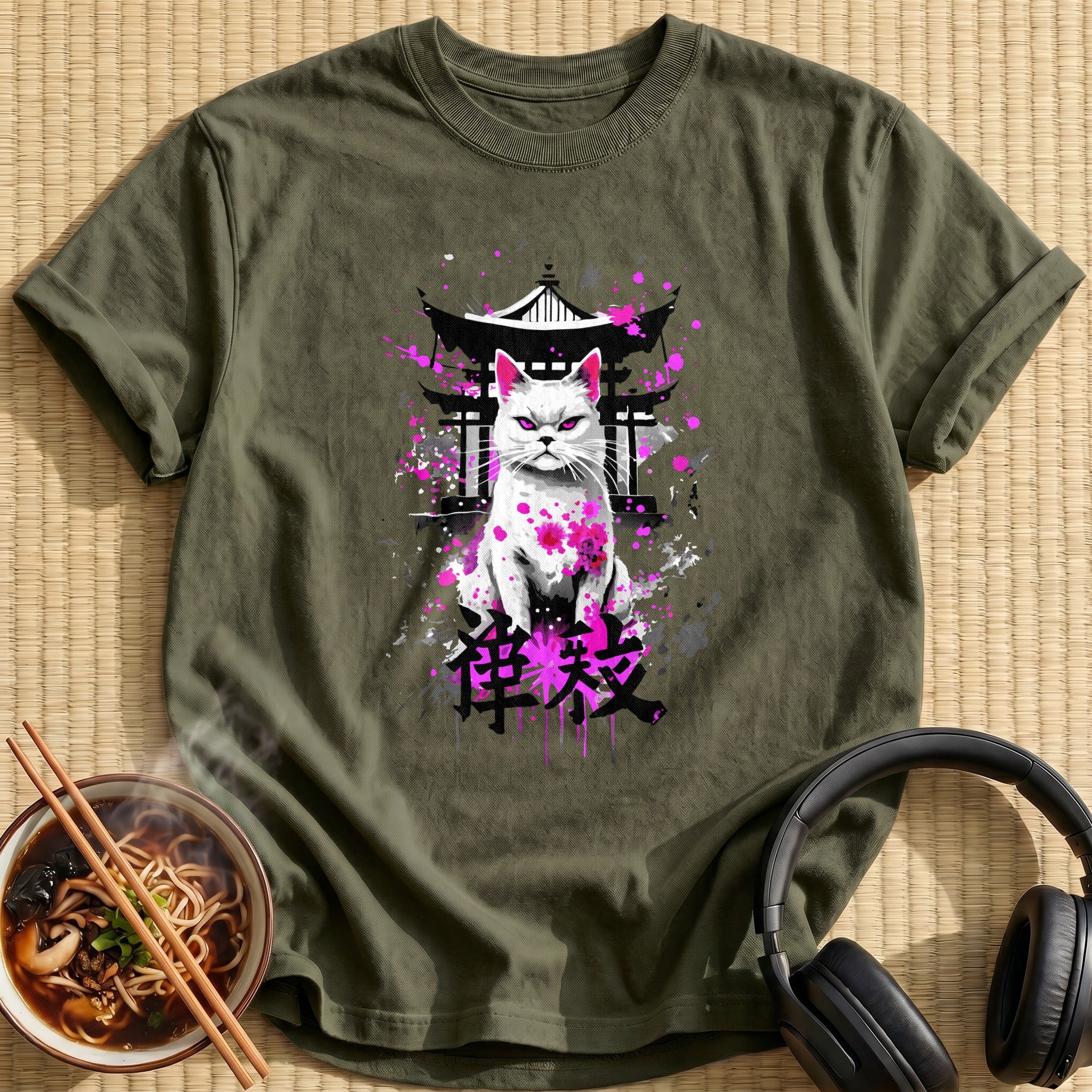 White Cat Pink Splatter Shrine - Military Green
