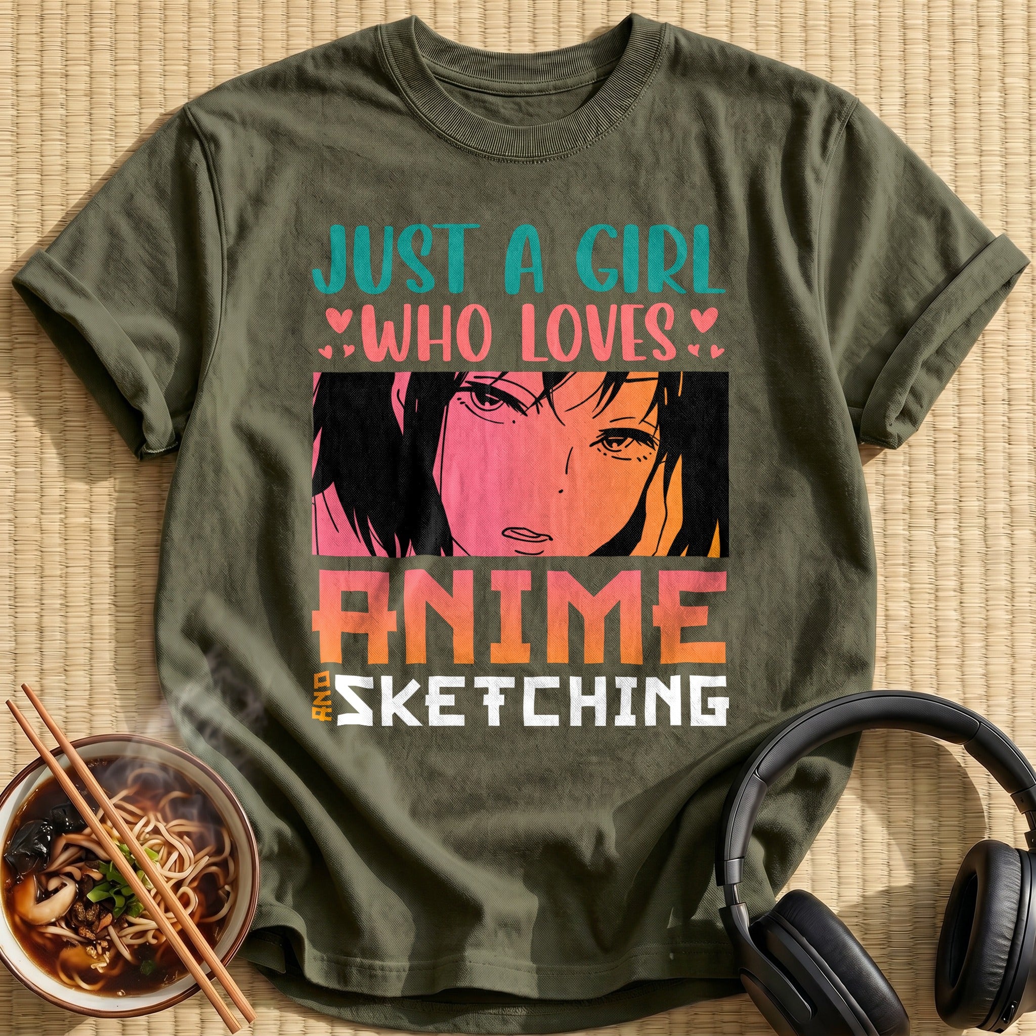 Who Loves Anime Brooding Girl Portrait - Military Green