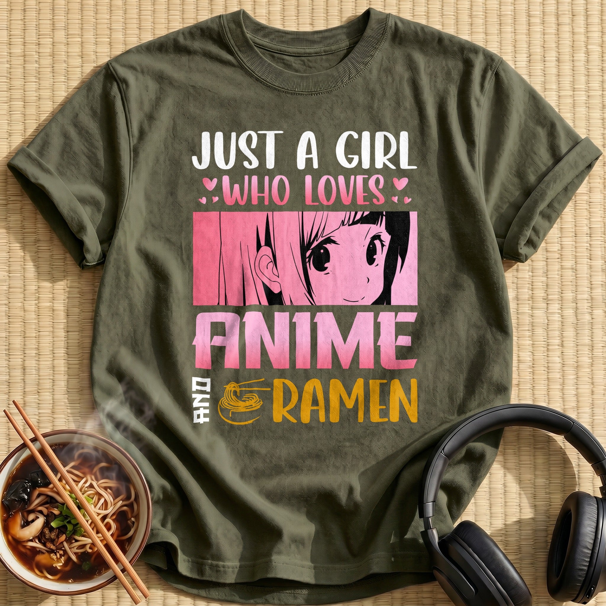 Who Loves Anime Ramen Smiling Girl - Military Green