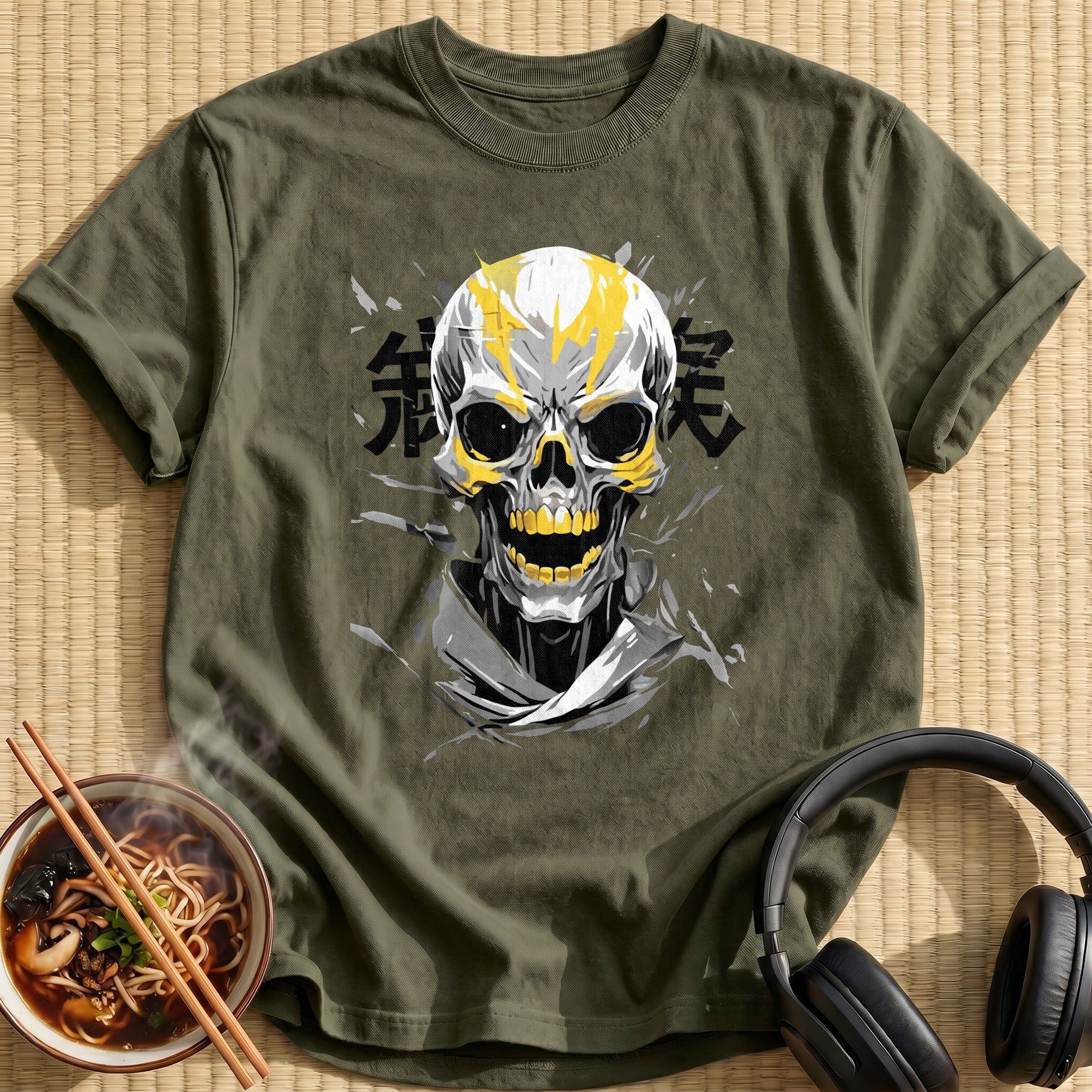 Yellow Flame Grinning Human Skull - Military Green