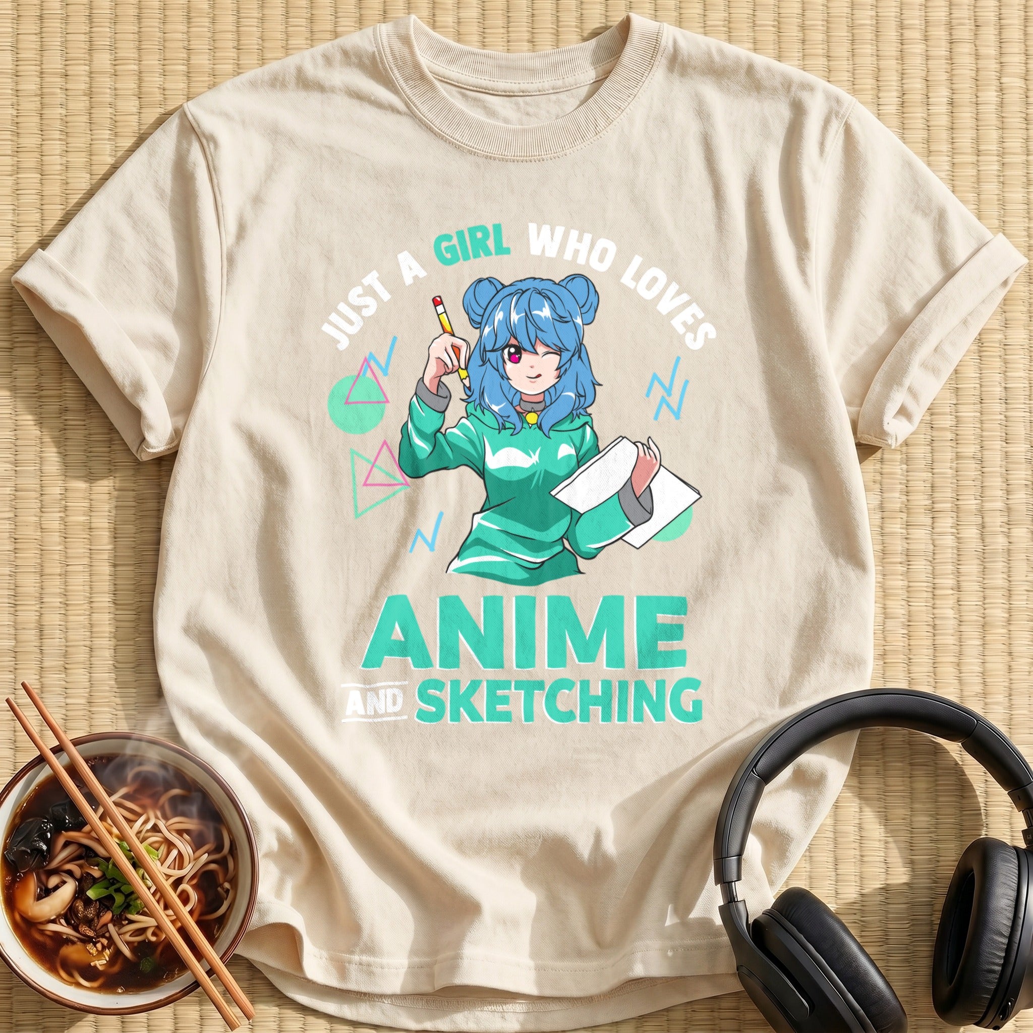 Blue Hair Sketching Girl Green Hoodie - Natural