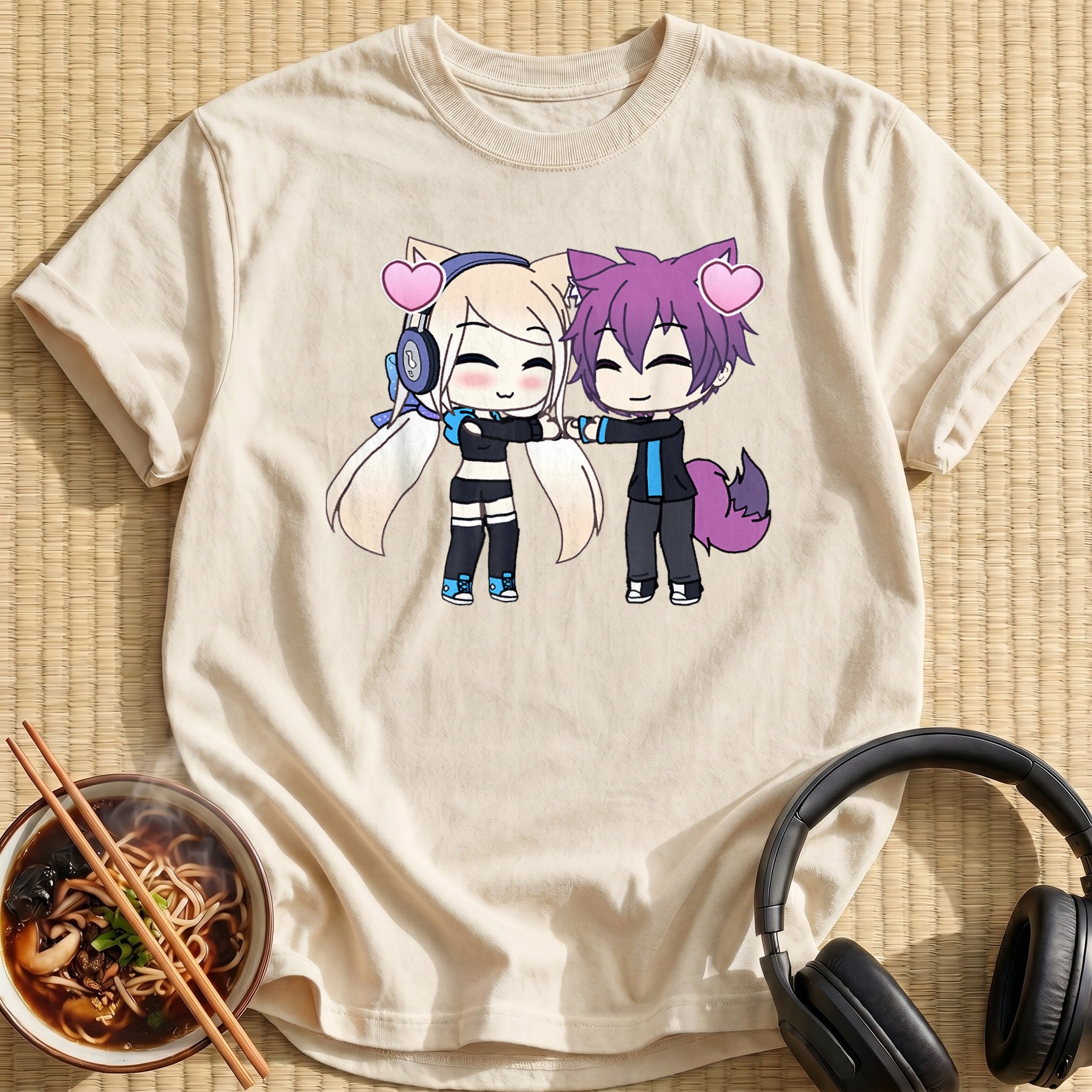 Chibi Cat Ear Couple Hearts - Natural