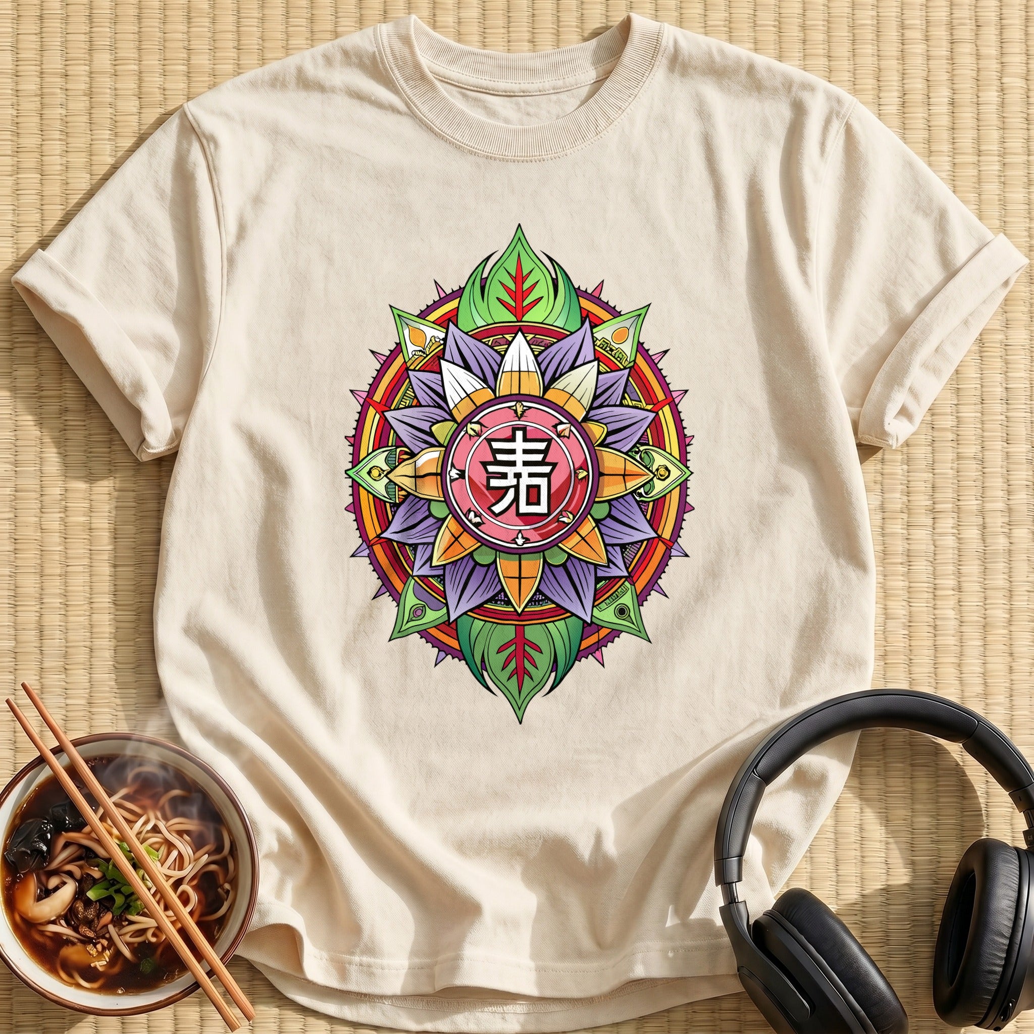 Colorful Japanese Kanji Mandala Flower - Natural
