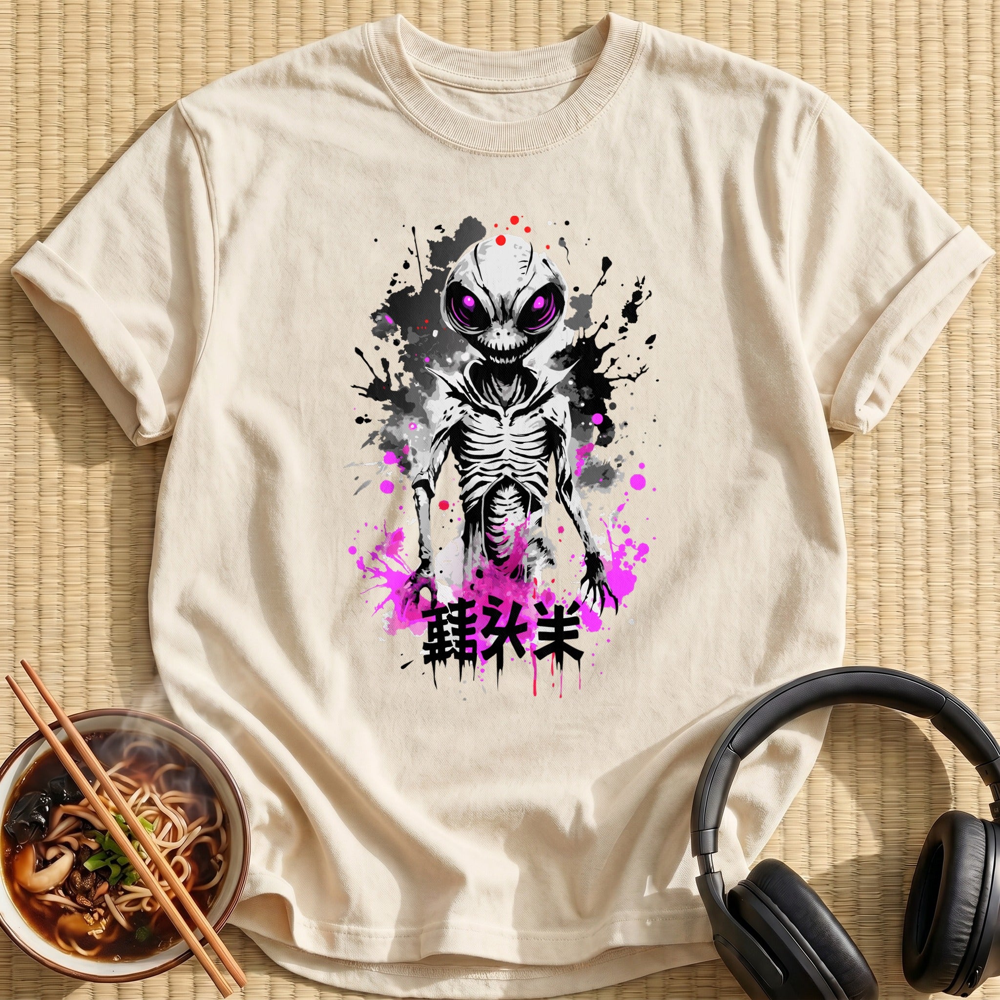 Creepy Grinning Alien Ink Splatter - Natural