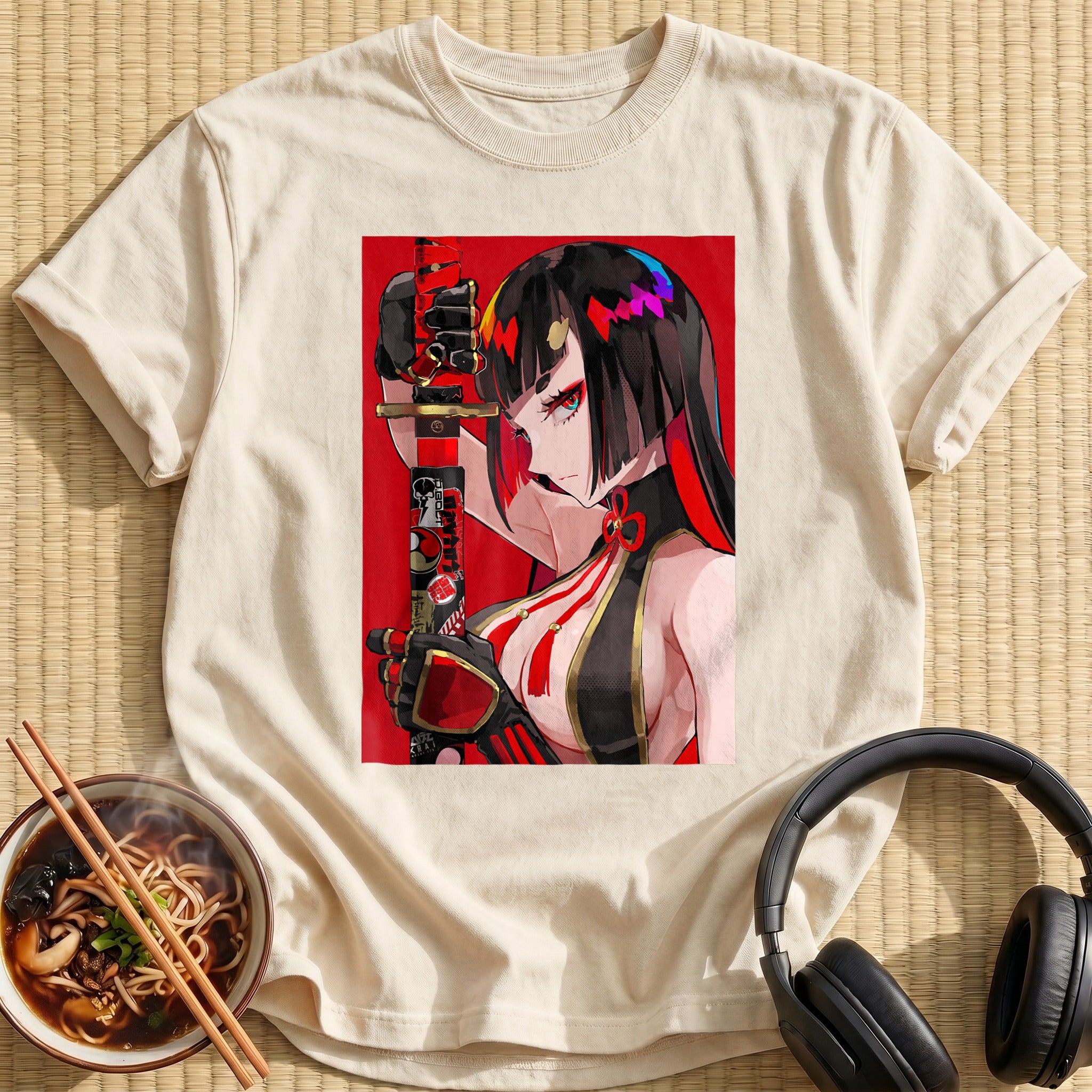 Fierce Katana Warrior Waifu Red Background - Natural