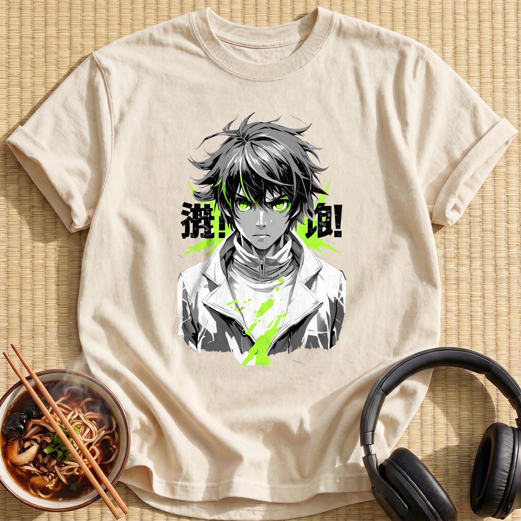 Green Eyed Anime Boy Monochrome Portrait - Natural