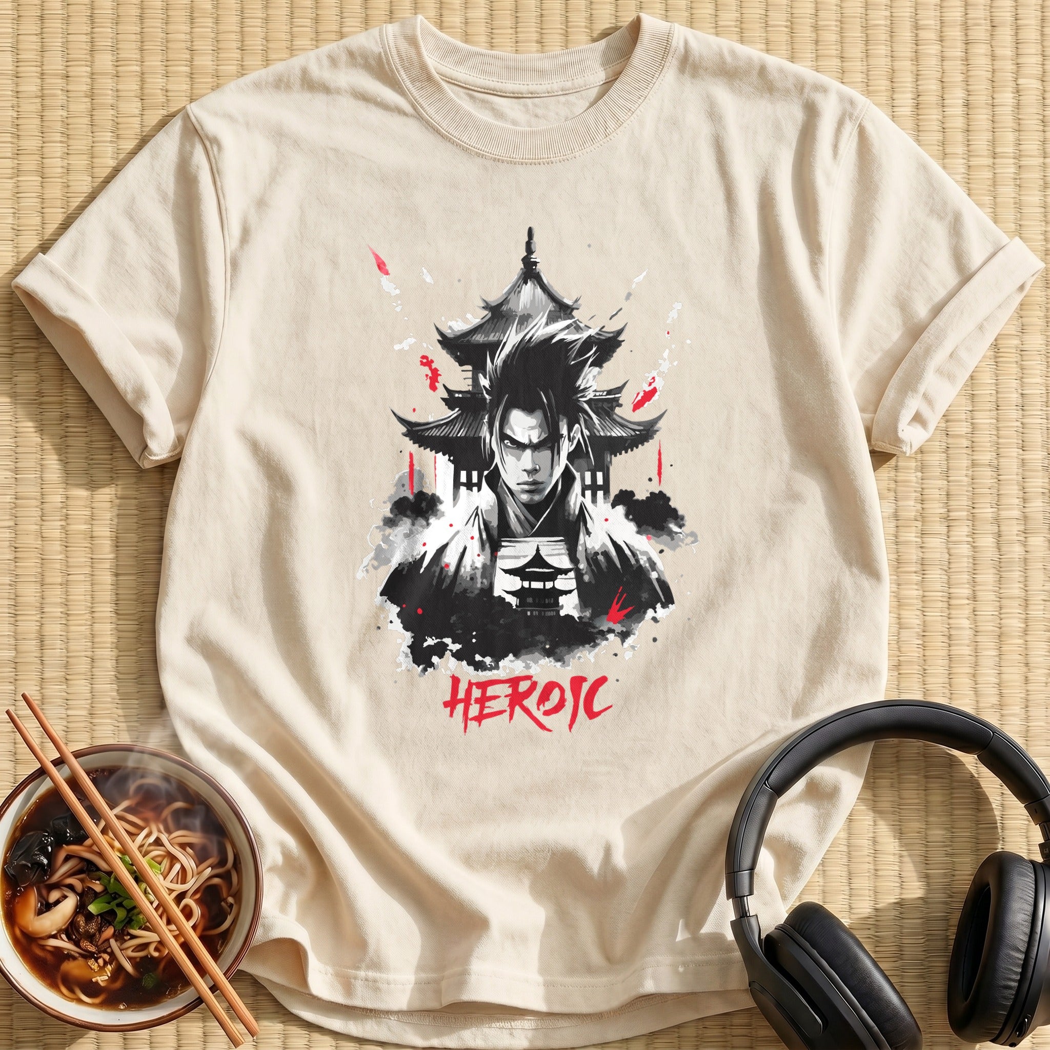 Heroic Samurai Warrior Pagoda Ink Portrait - Natural