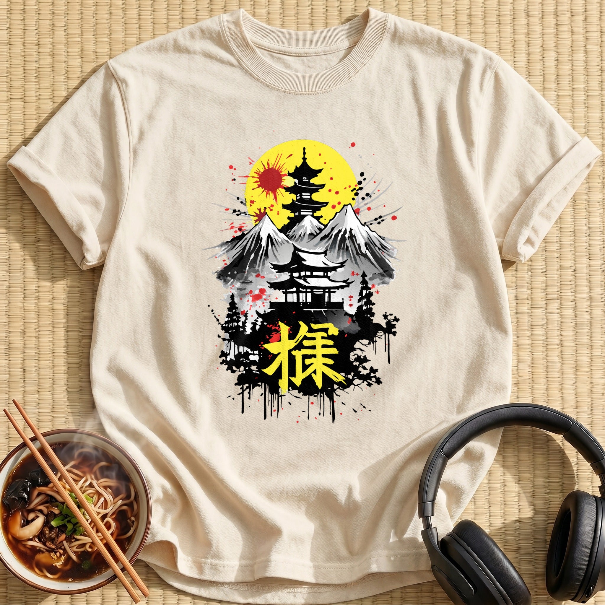 Japanese Pagoda Mountains Red Sun - Natural