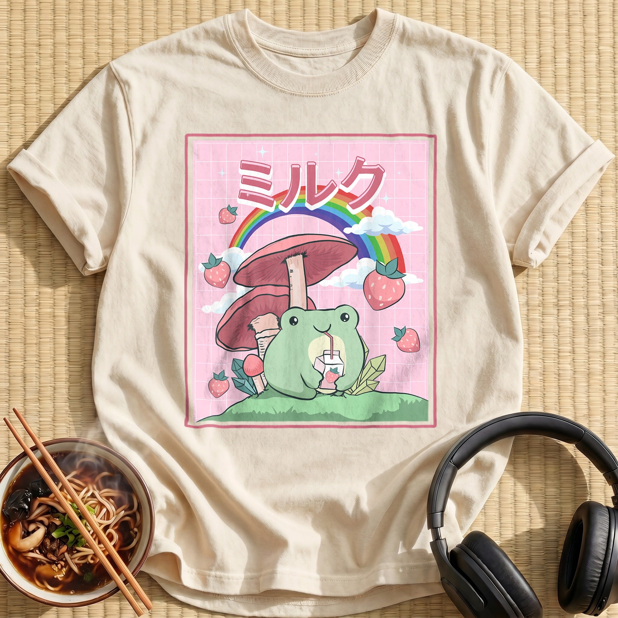 Kawaii Frog Mushroom Rainbow Strawberries - Natural