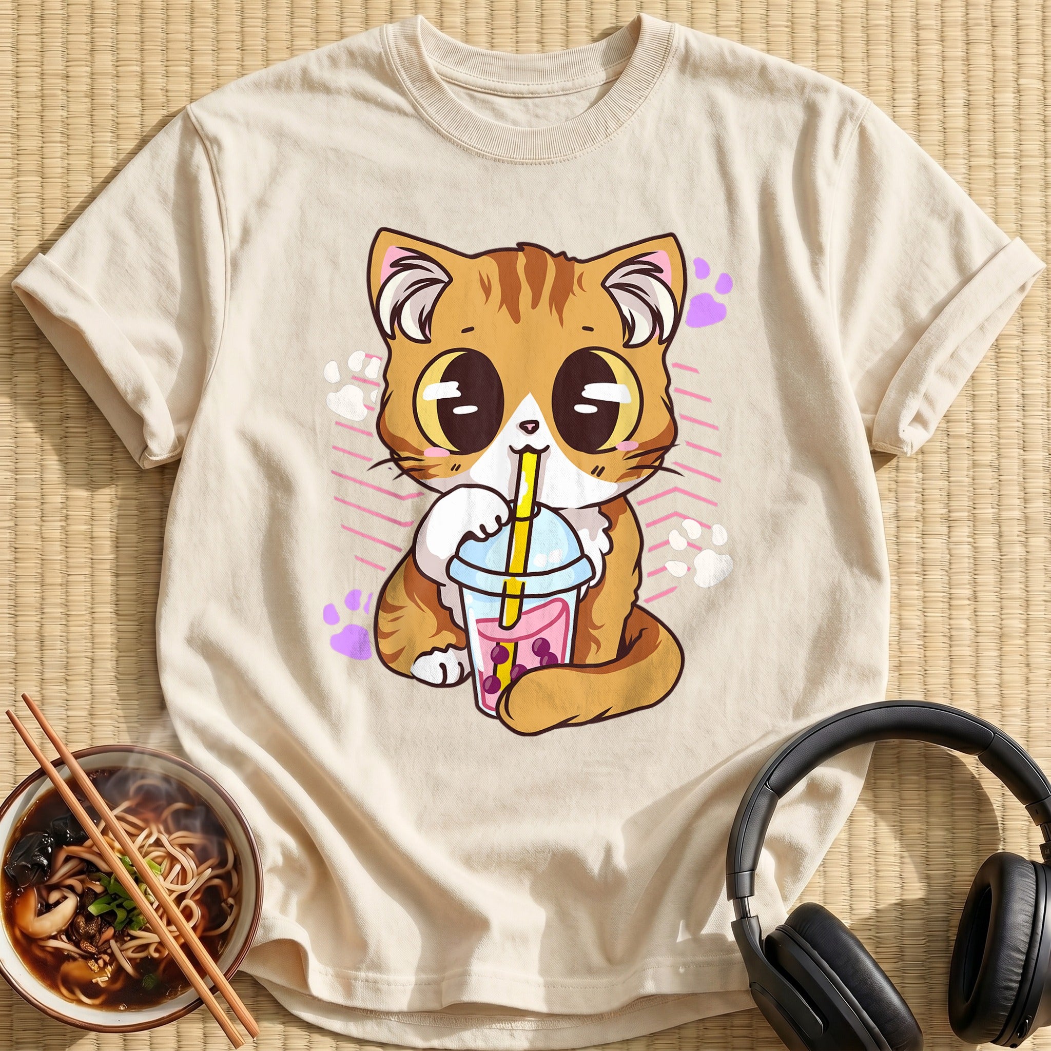 Kawaii Kitten Sipping Bubble Tea - Natural