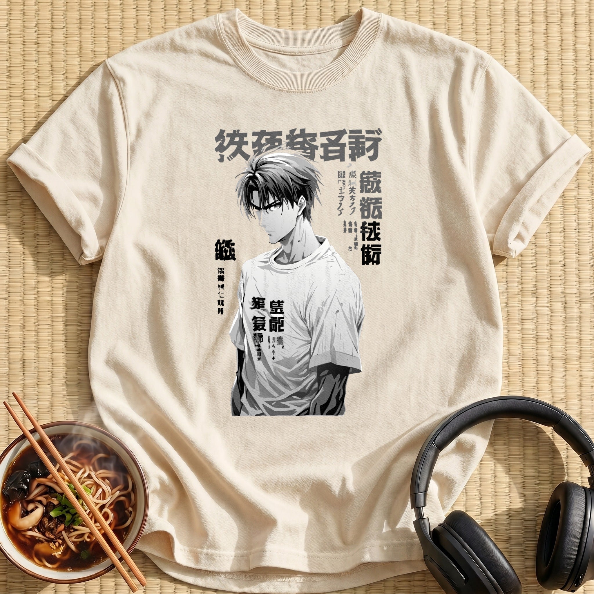 Monochrome Anime Man Casual Tee Portrait - Natural