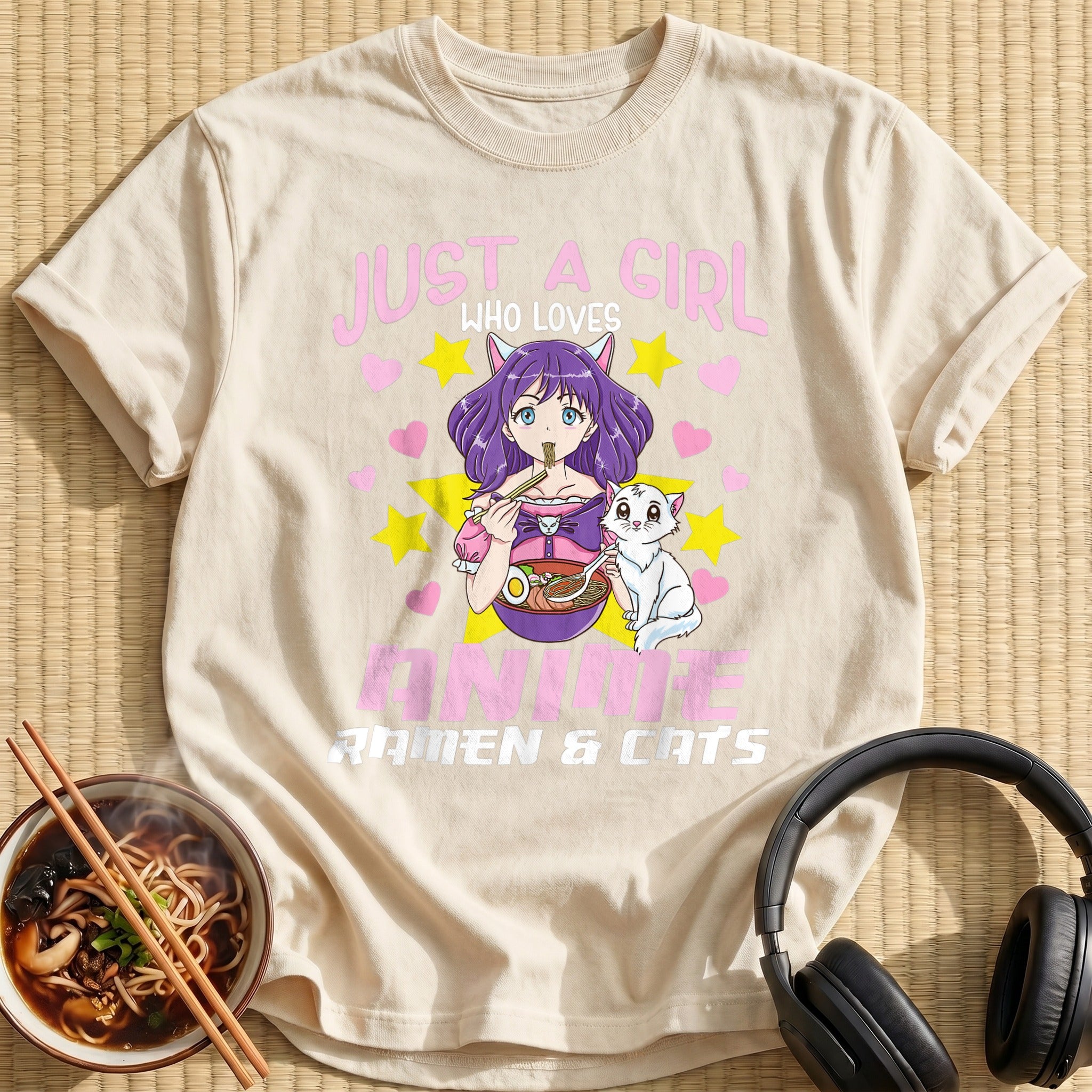 Purple Girl Eating Ramen White Cat - Natural