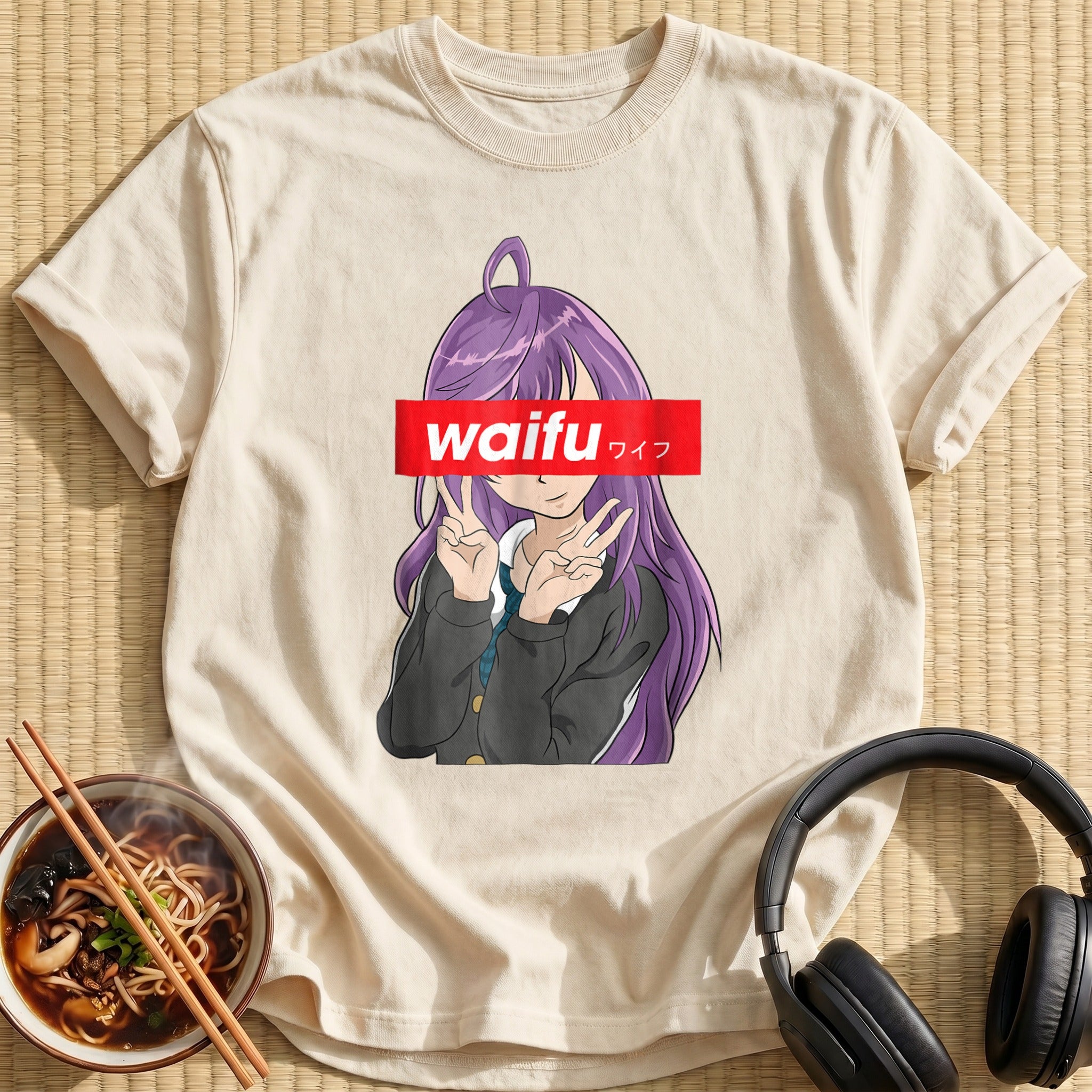 Purple Haired Waifu Peace Sign Girl - Natural