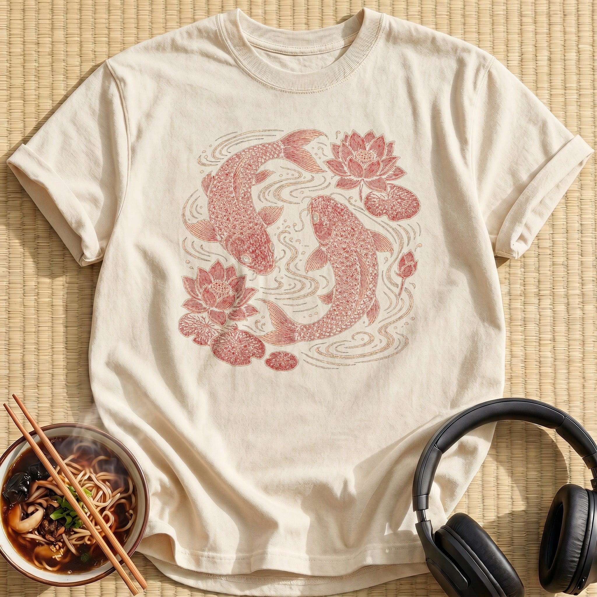 Red Koi Fish Lotus Flowers