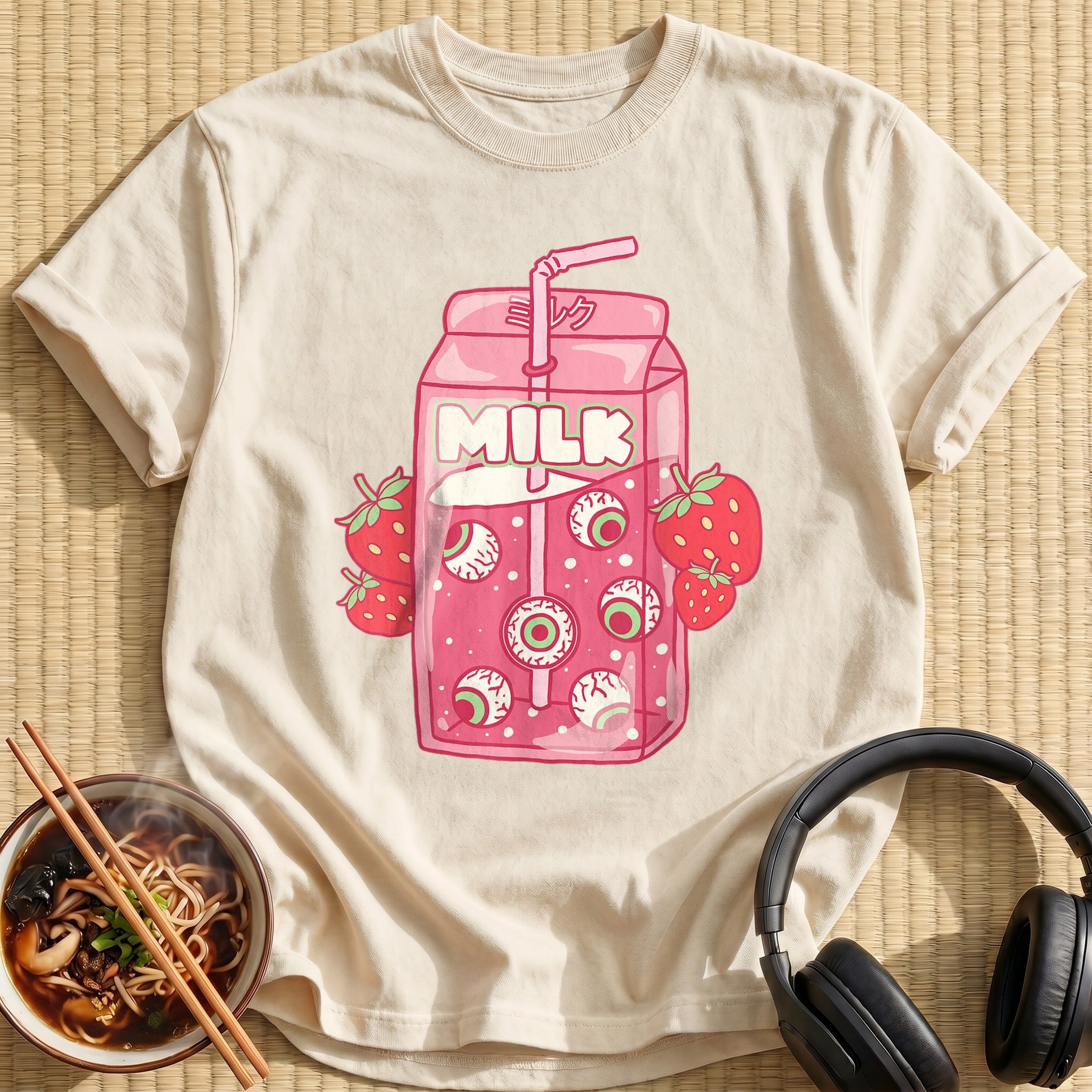 Weirdcore Strawberry Eyeball Milk Carton - Natural