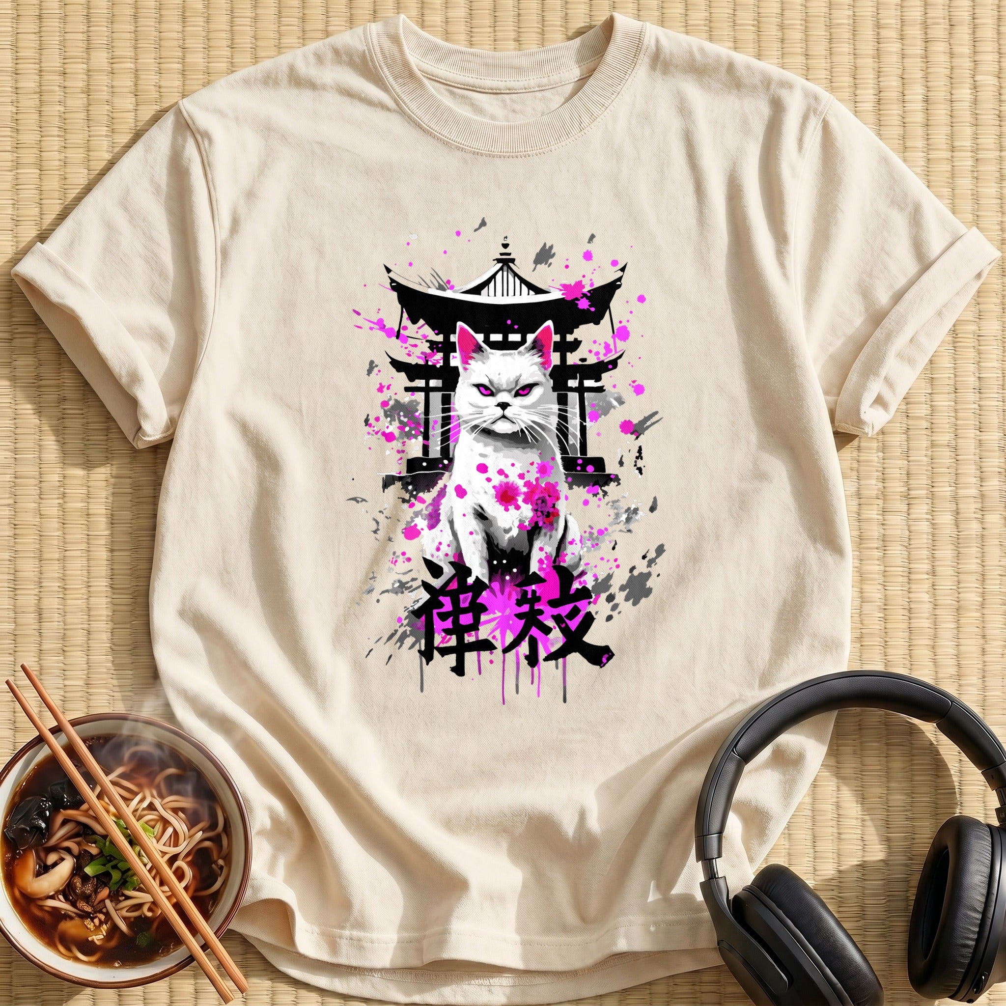 White Cat Pink Splatter Shrine - Natural