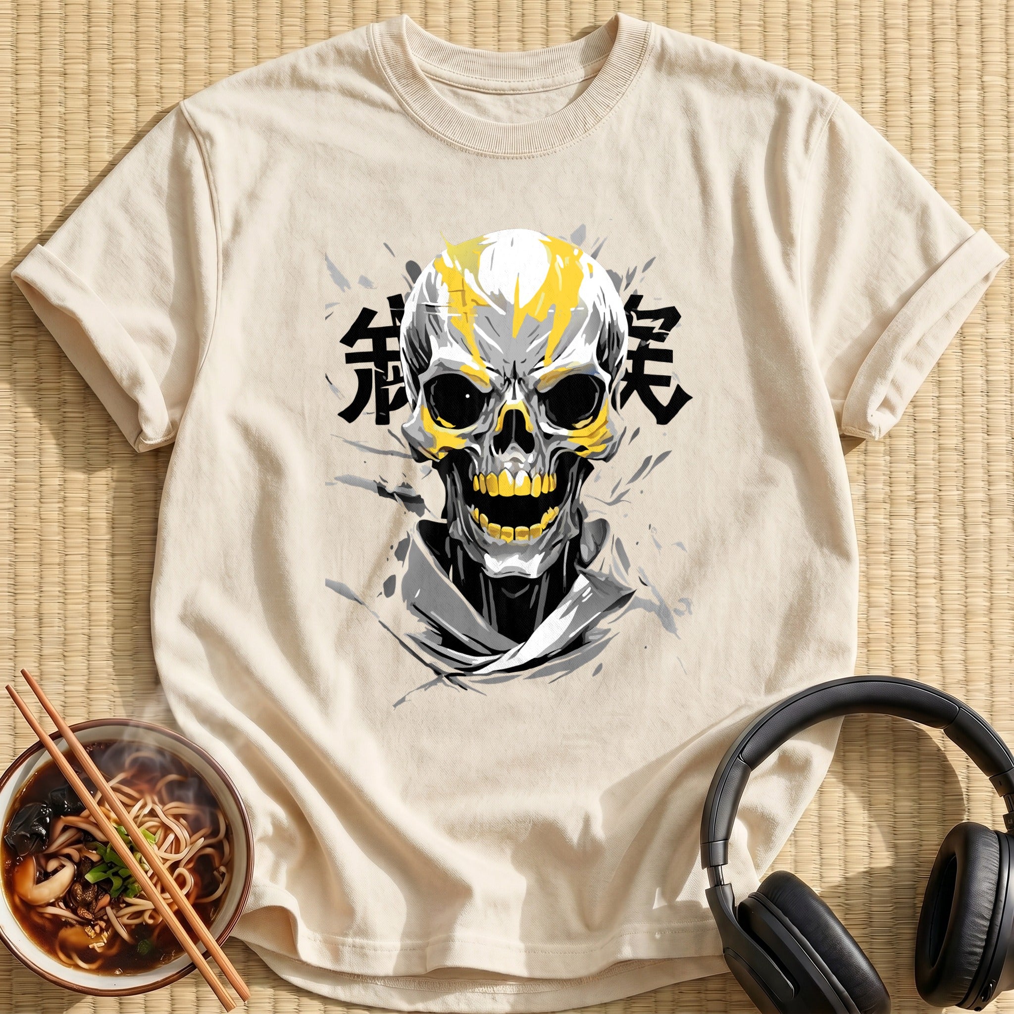 Yellow Flame Grinning Human Skull - Natural
