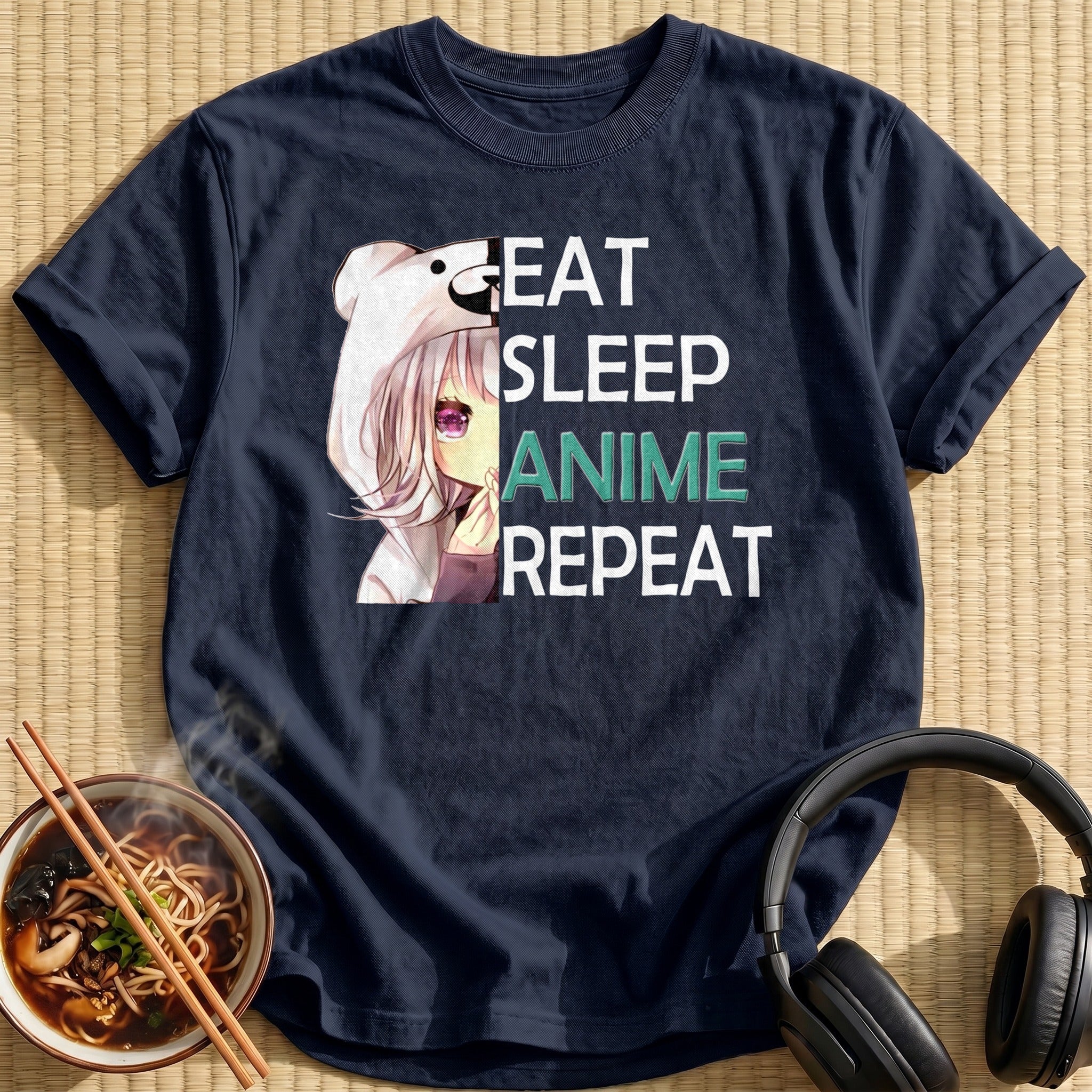 Bear Hoodie Girl Anime Text - Navy