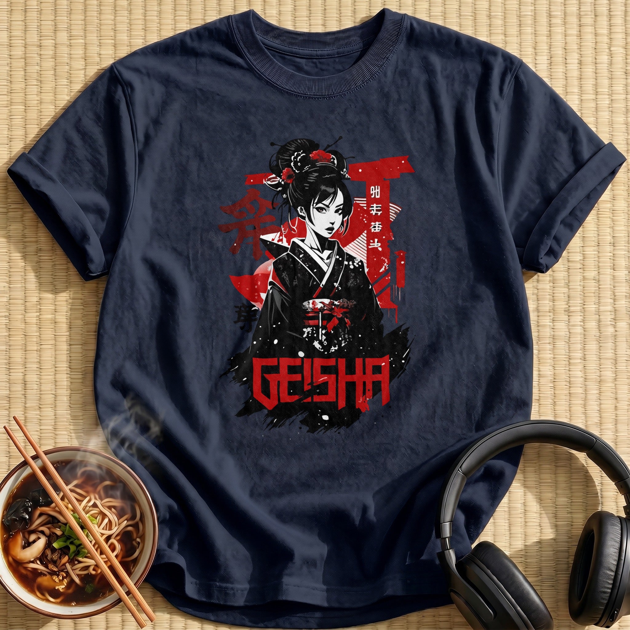 Black Red Geisha Kimono Portrait - Navy