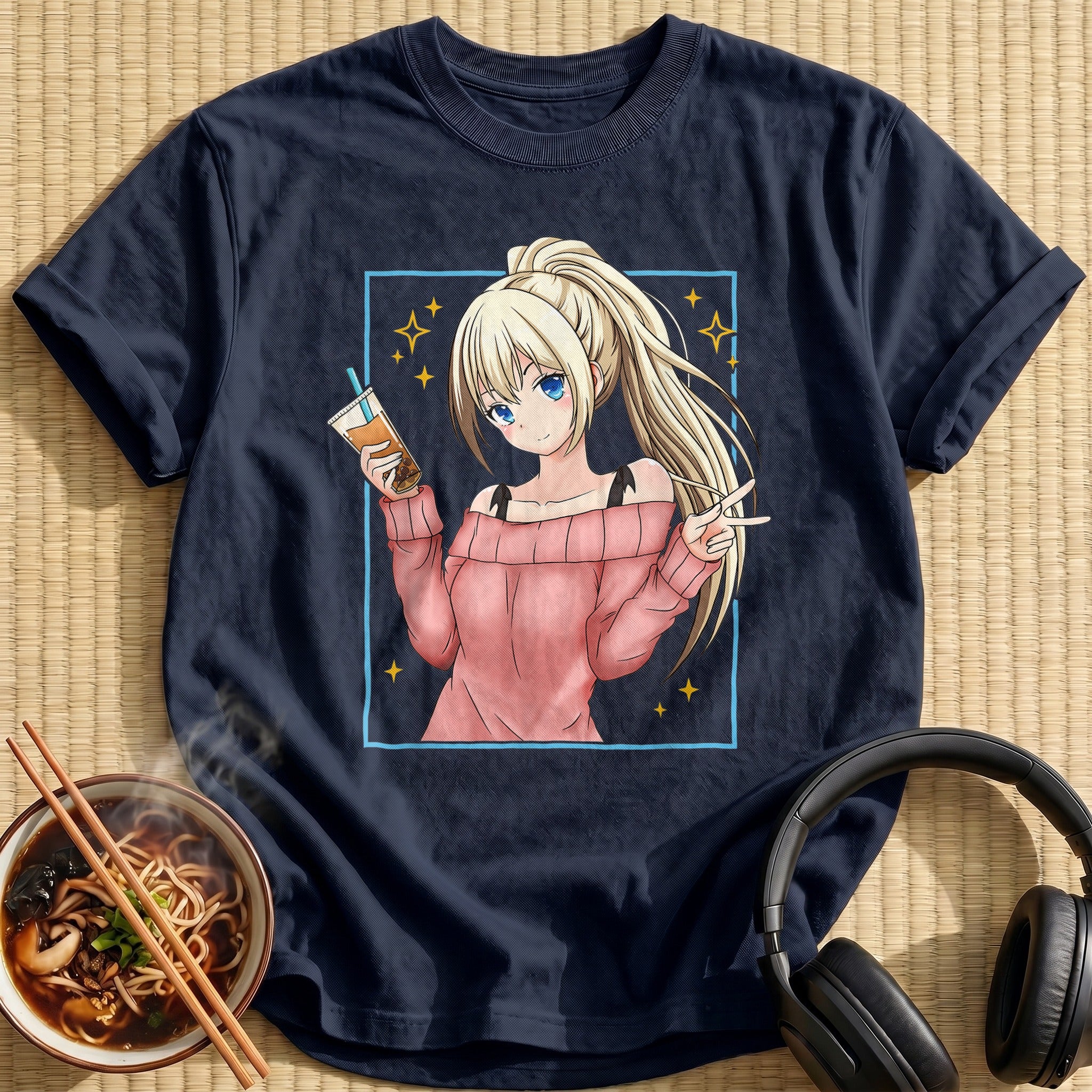 Blonde Anime Girl Bubble Tea - Navy
