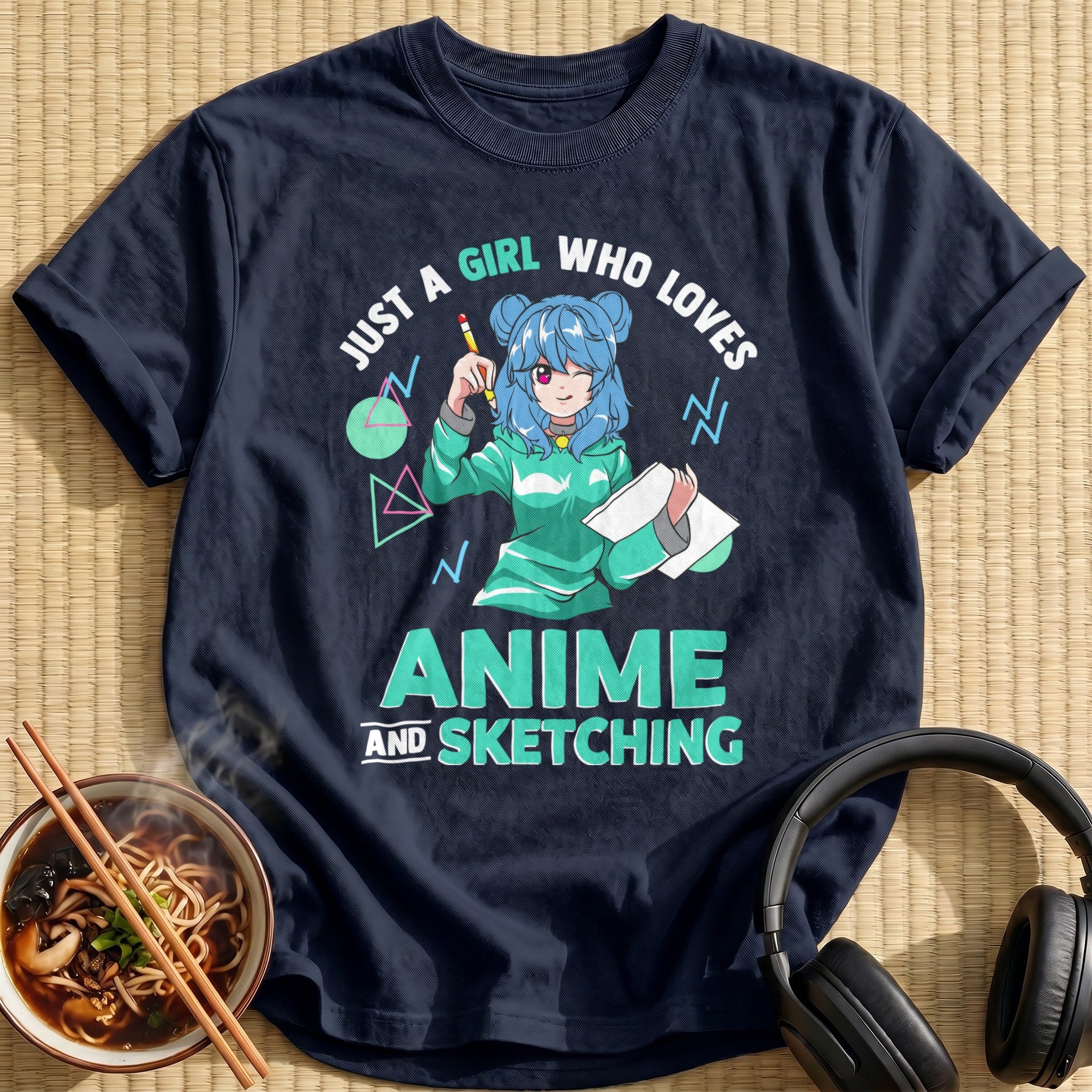 Blue Hair Sketching Girl Green Hoodie - Navy