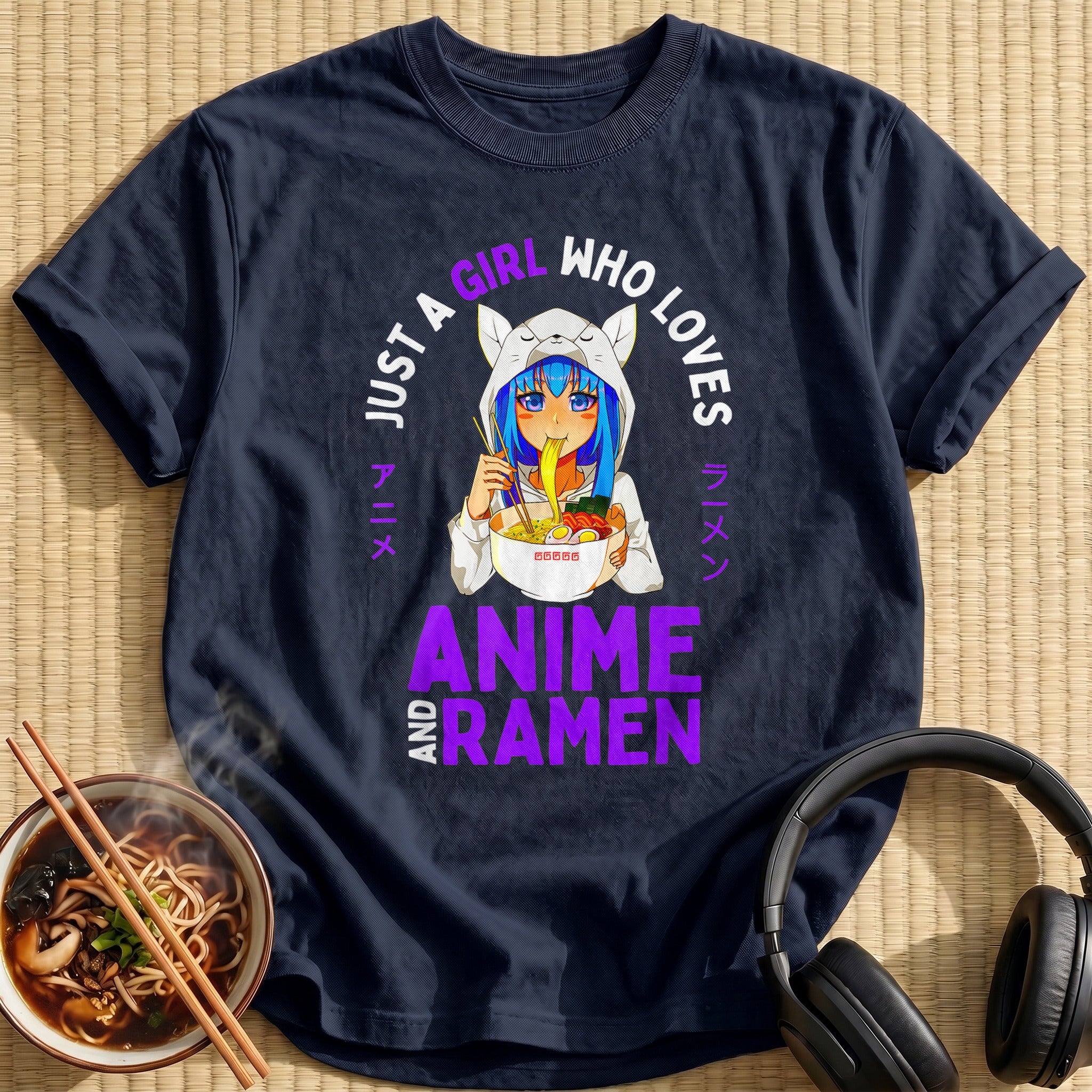 Cat Hoodie Girl Eating Ramen Noodles - Navy