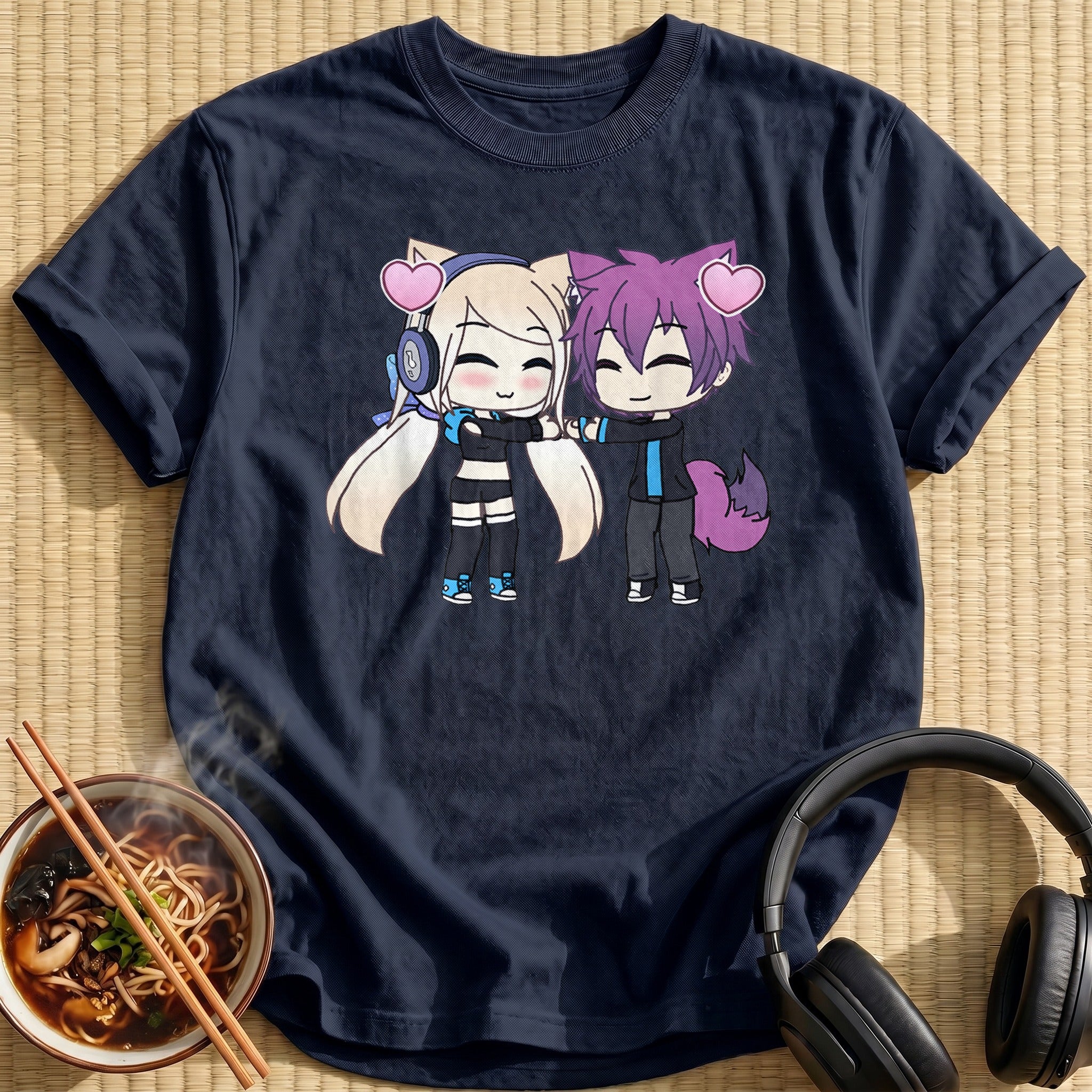 Chibi Cat Ear Couple Hearts - Navy