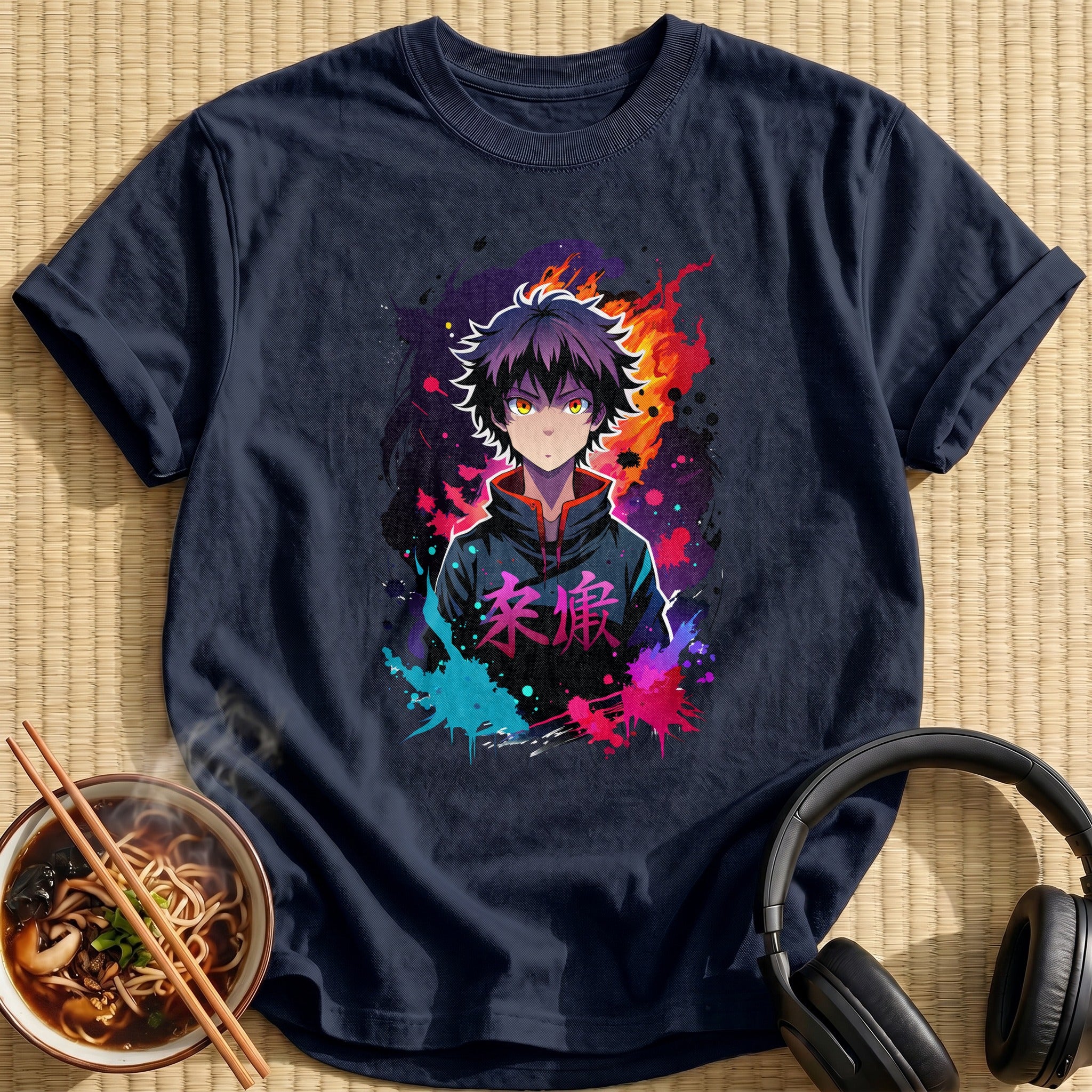 Colorful Ink Splatter Anime Boy Flames - Navy
