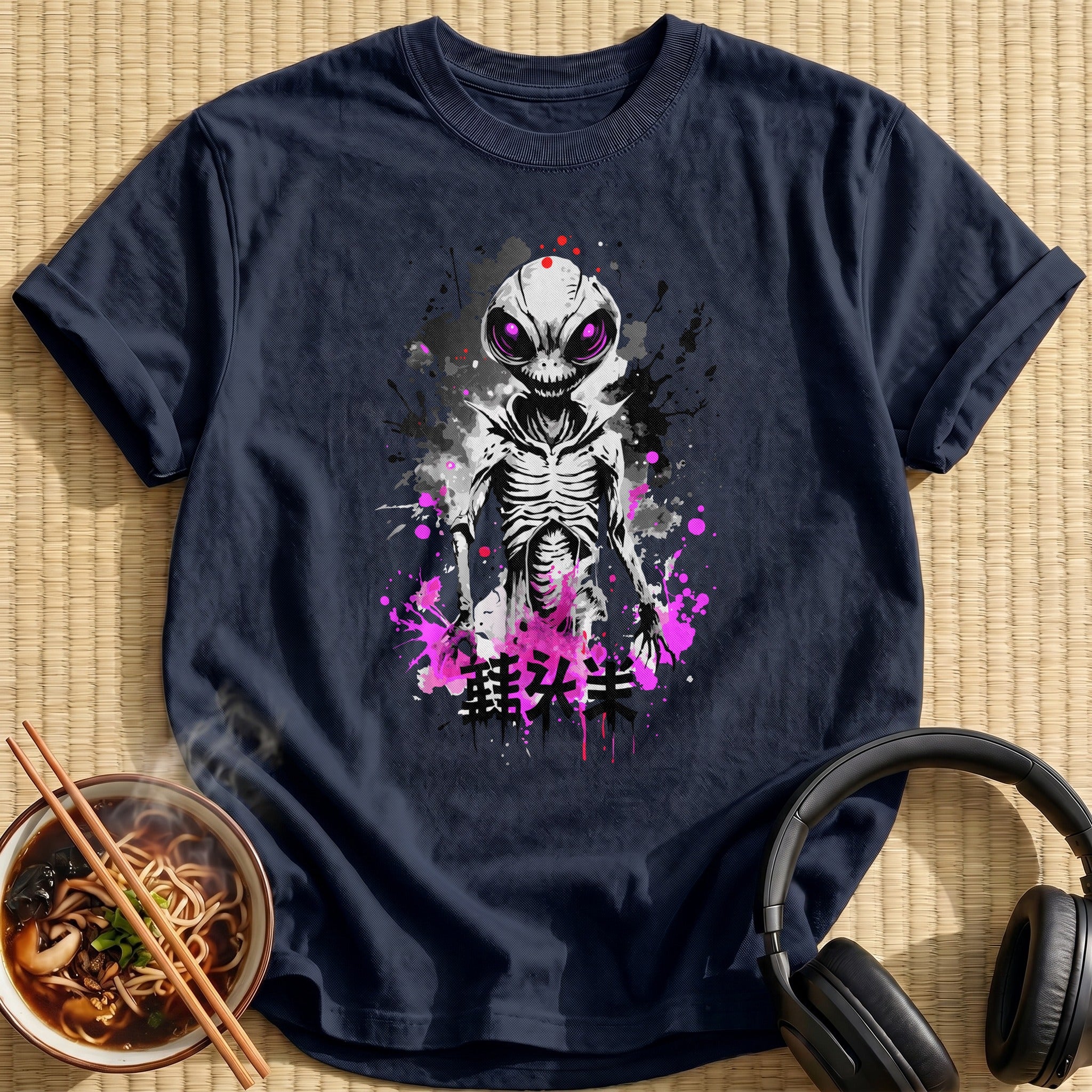 Creepy Grinning Alien Ink Splatter - Navy