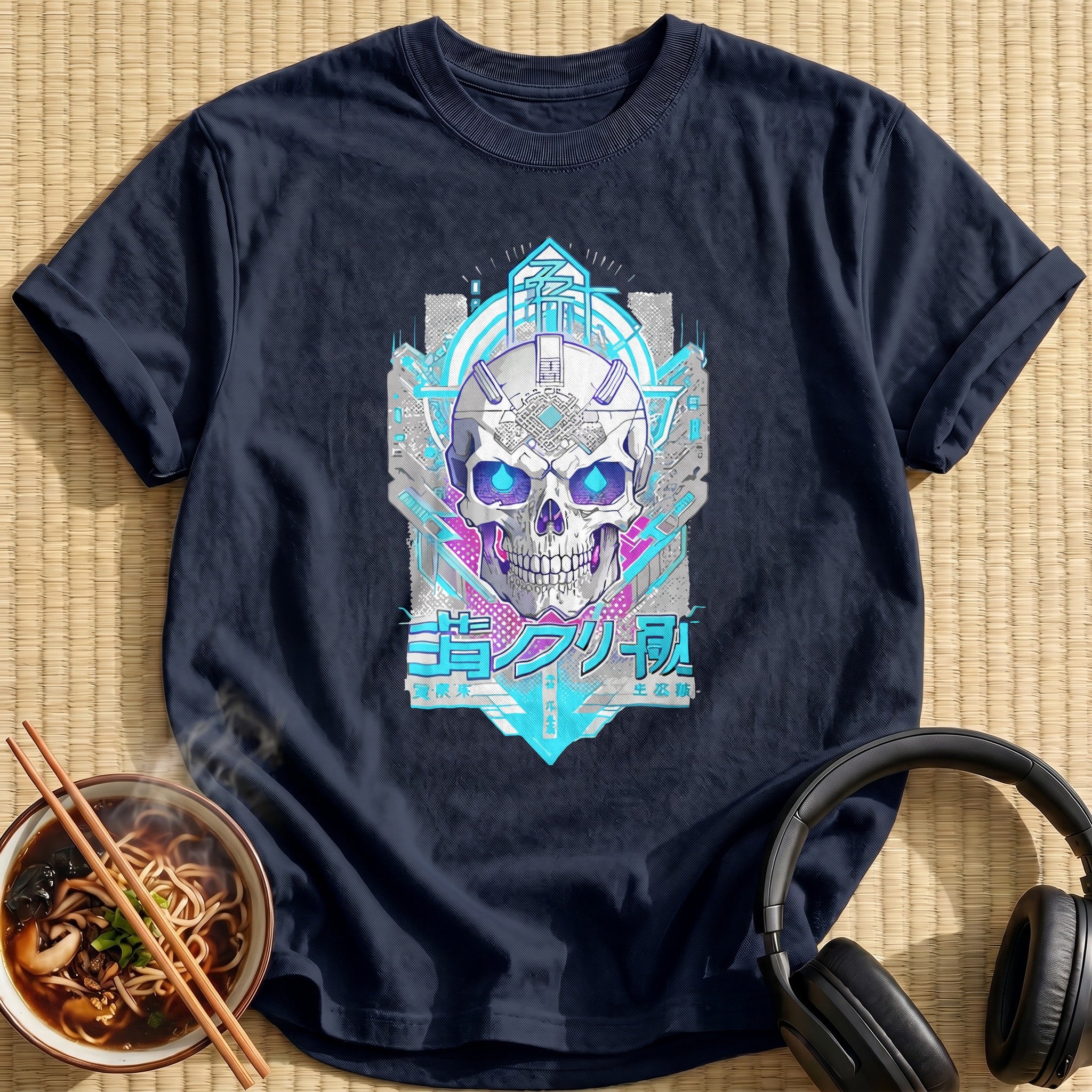 Cyberpunk Blue Cyborg Tech Skull - Navy