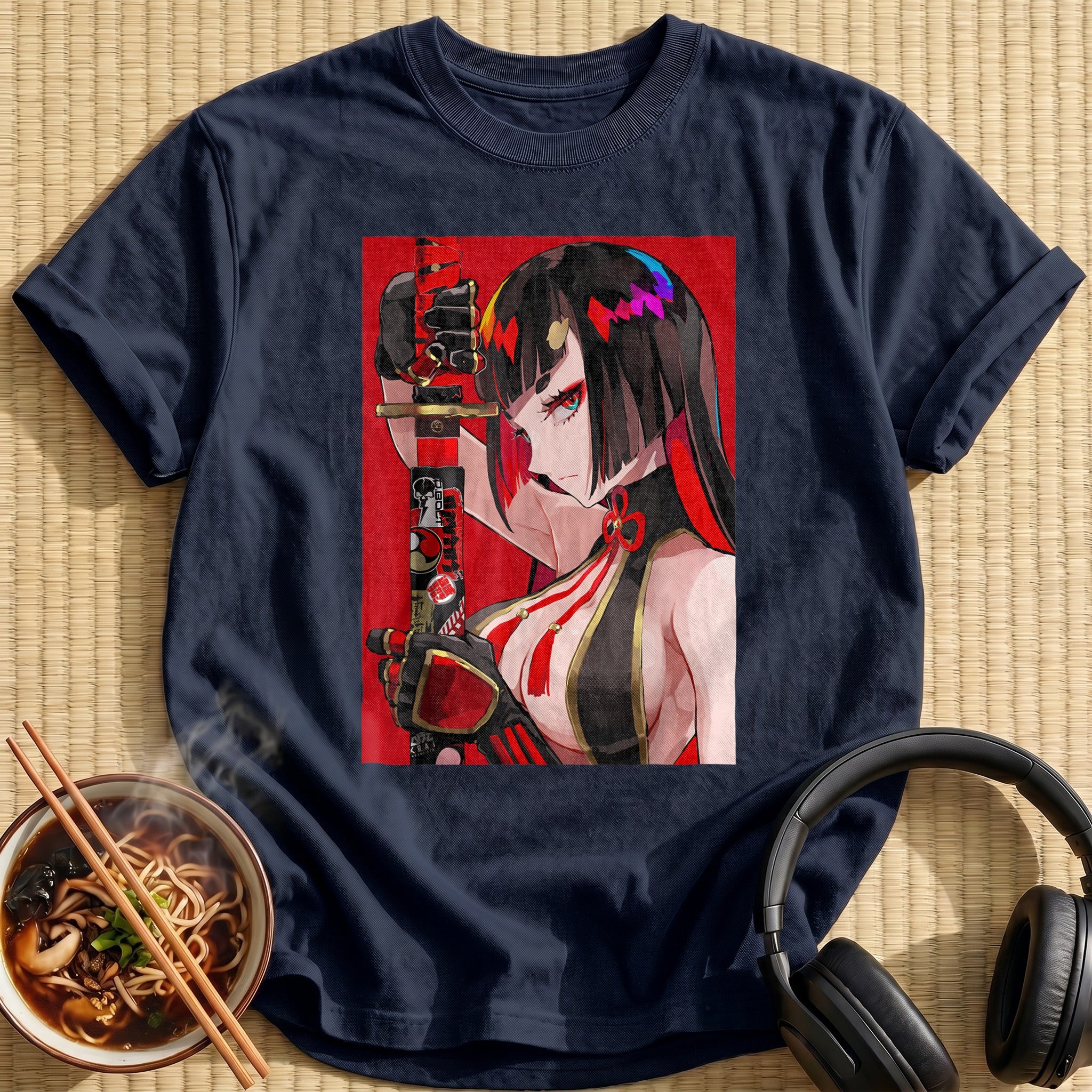 Fierce Katana Warrior Waifu Red Background - Navy