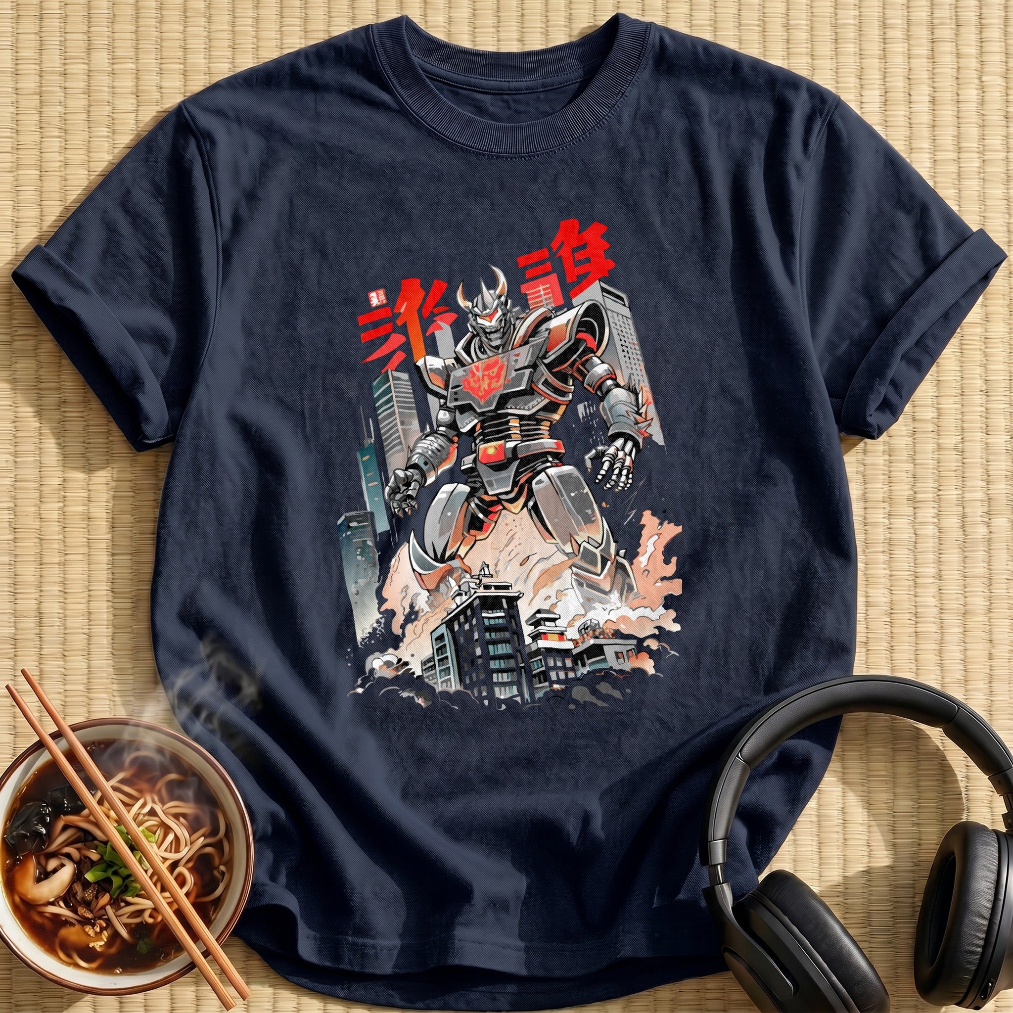 Giant Mecha Robot Destroying City Skyline - Navy