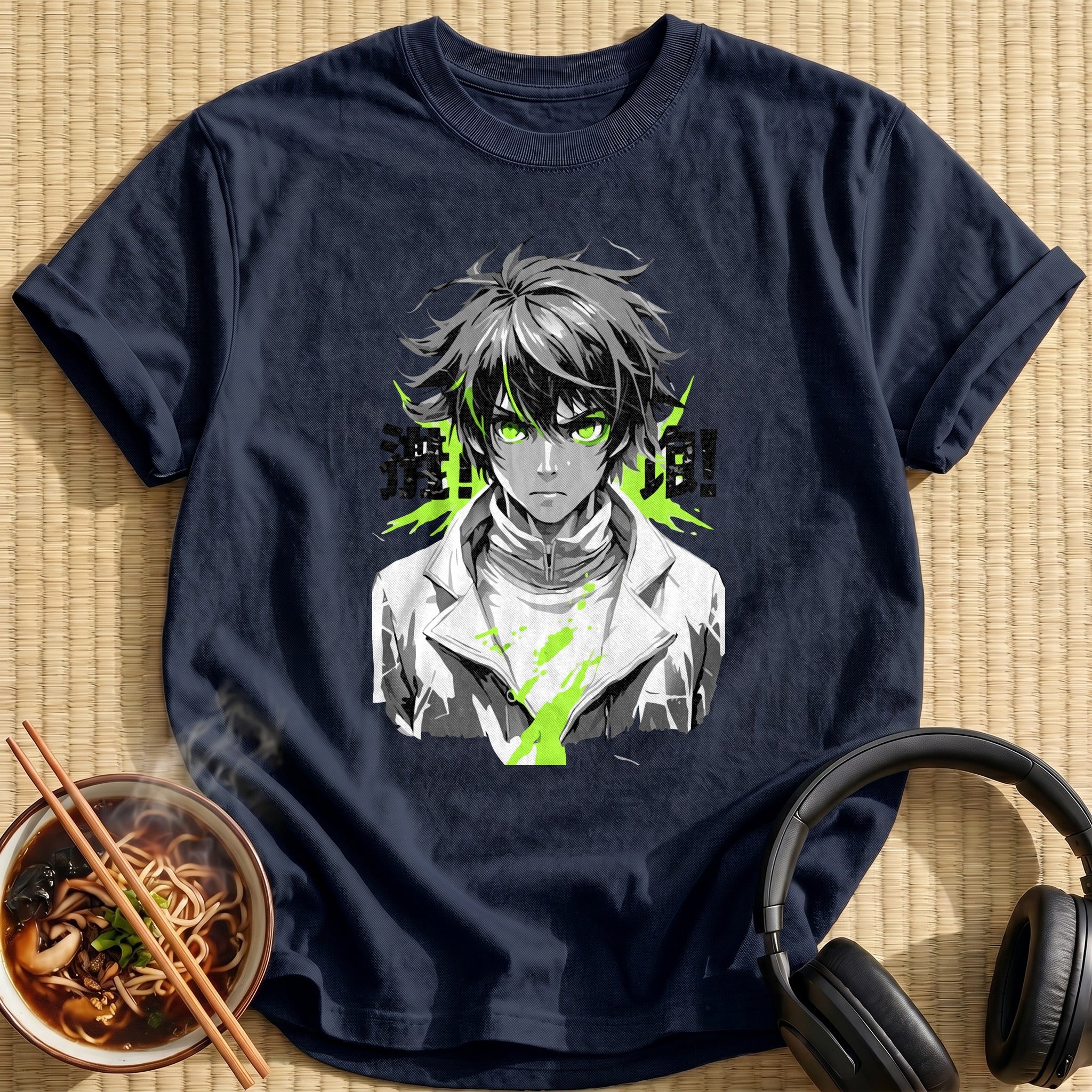 Green Eyed Anime Boy Monochrome Portrait - Navy