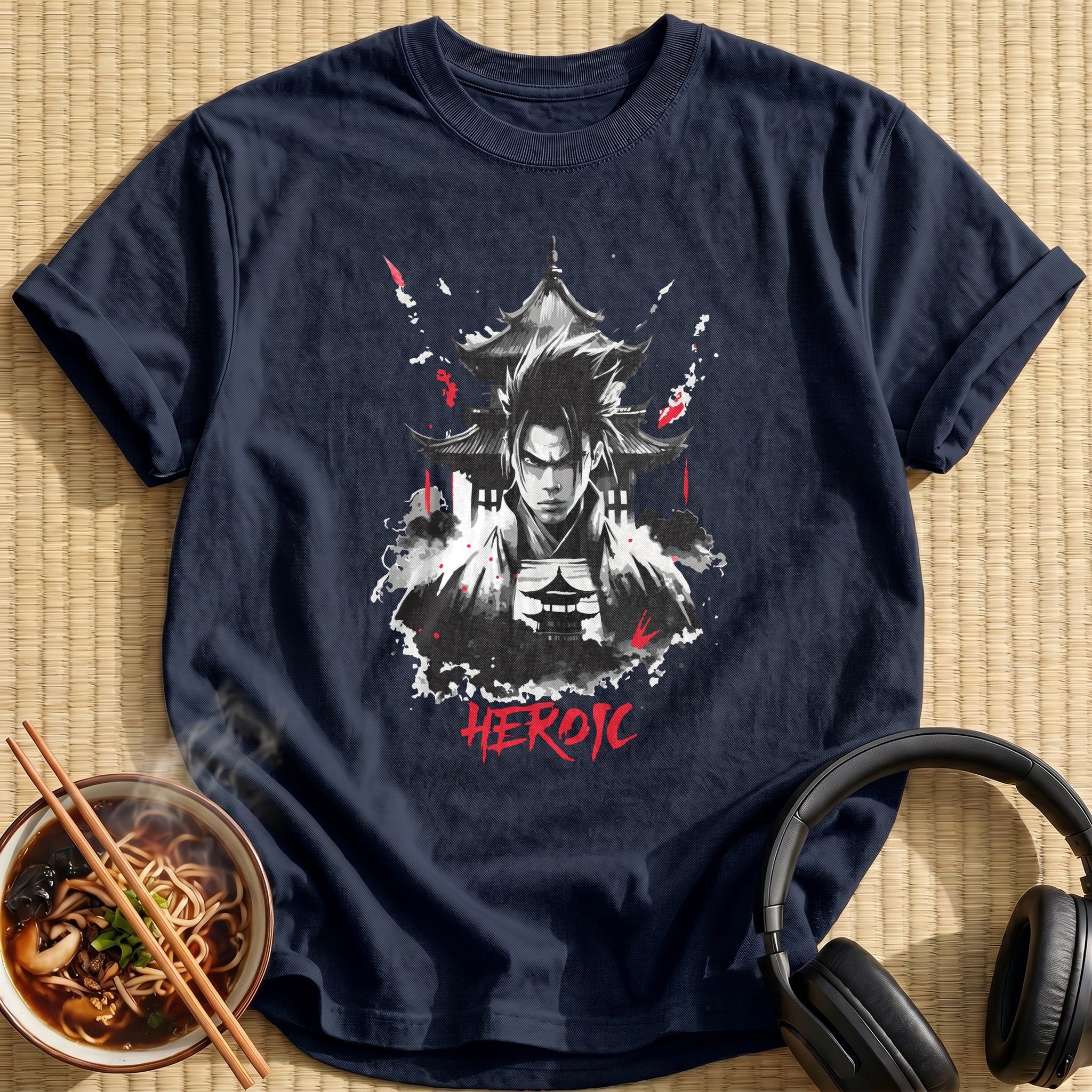 Heroic Samurai Warrior Pagoda Ink Portrait - Navy