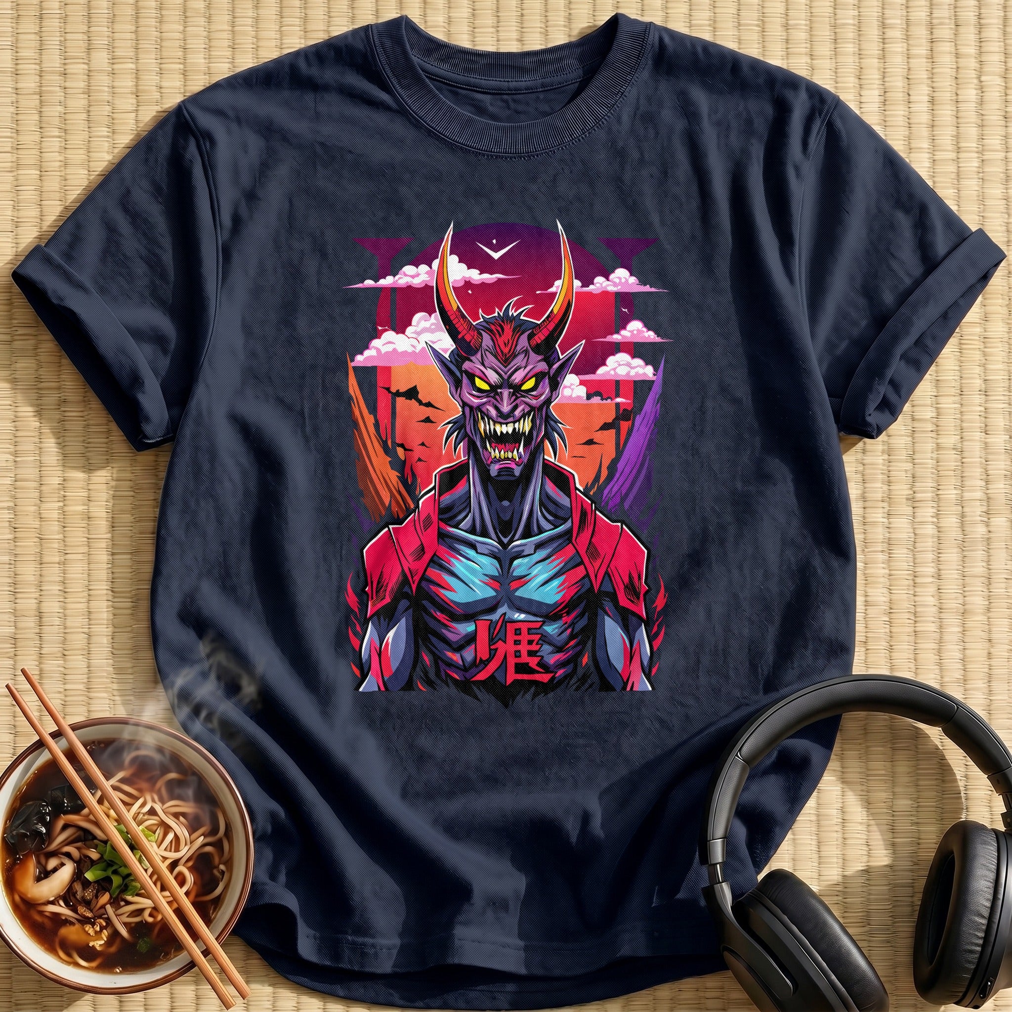 Horned Red Demon Sunset Portrait - Navy