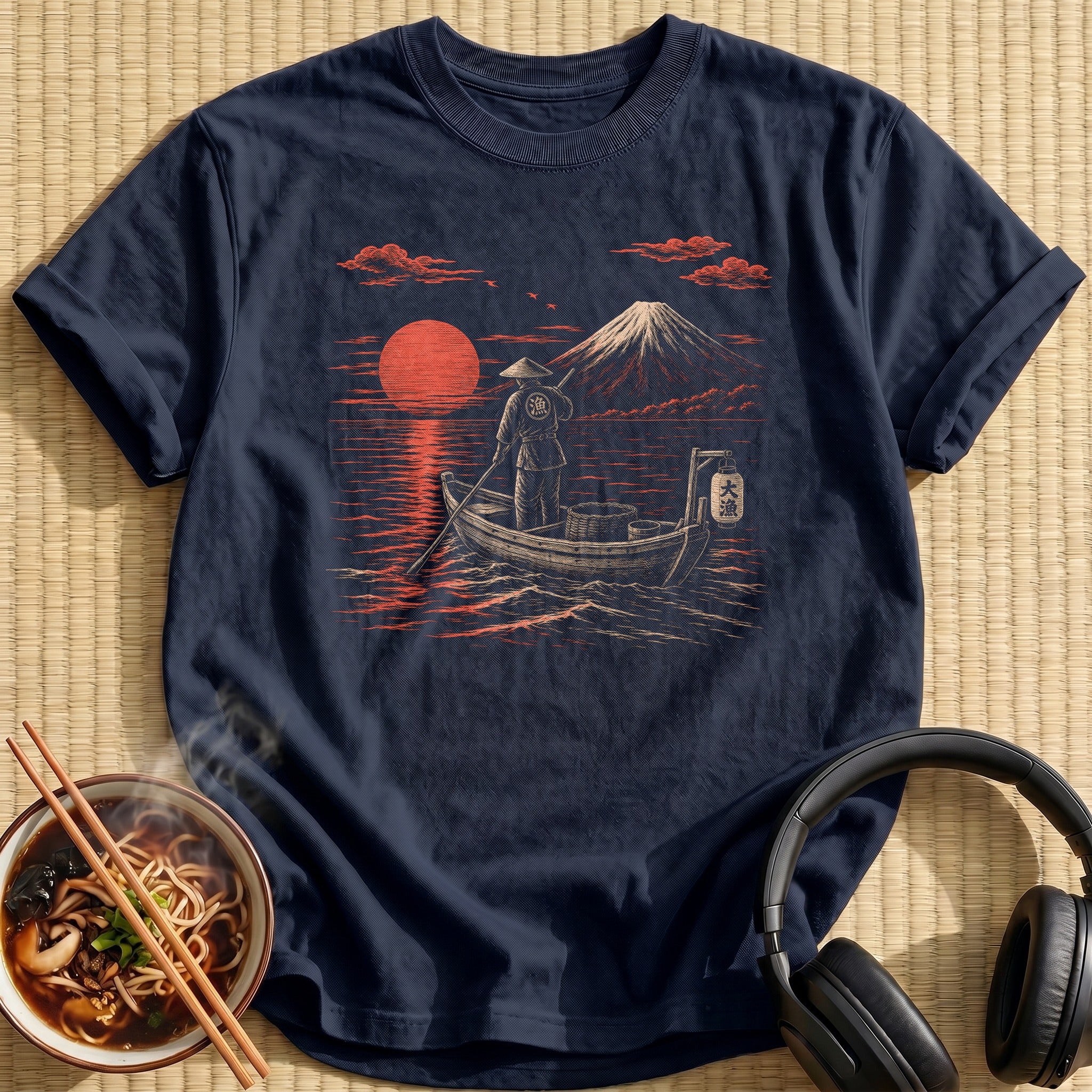Japanese Fisherman Boat Red Sunset