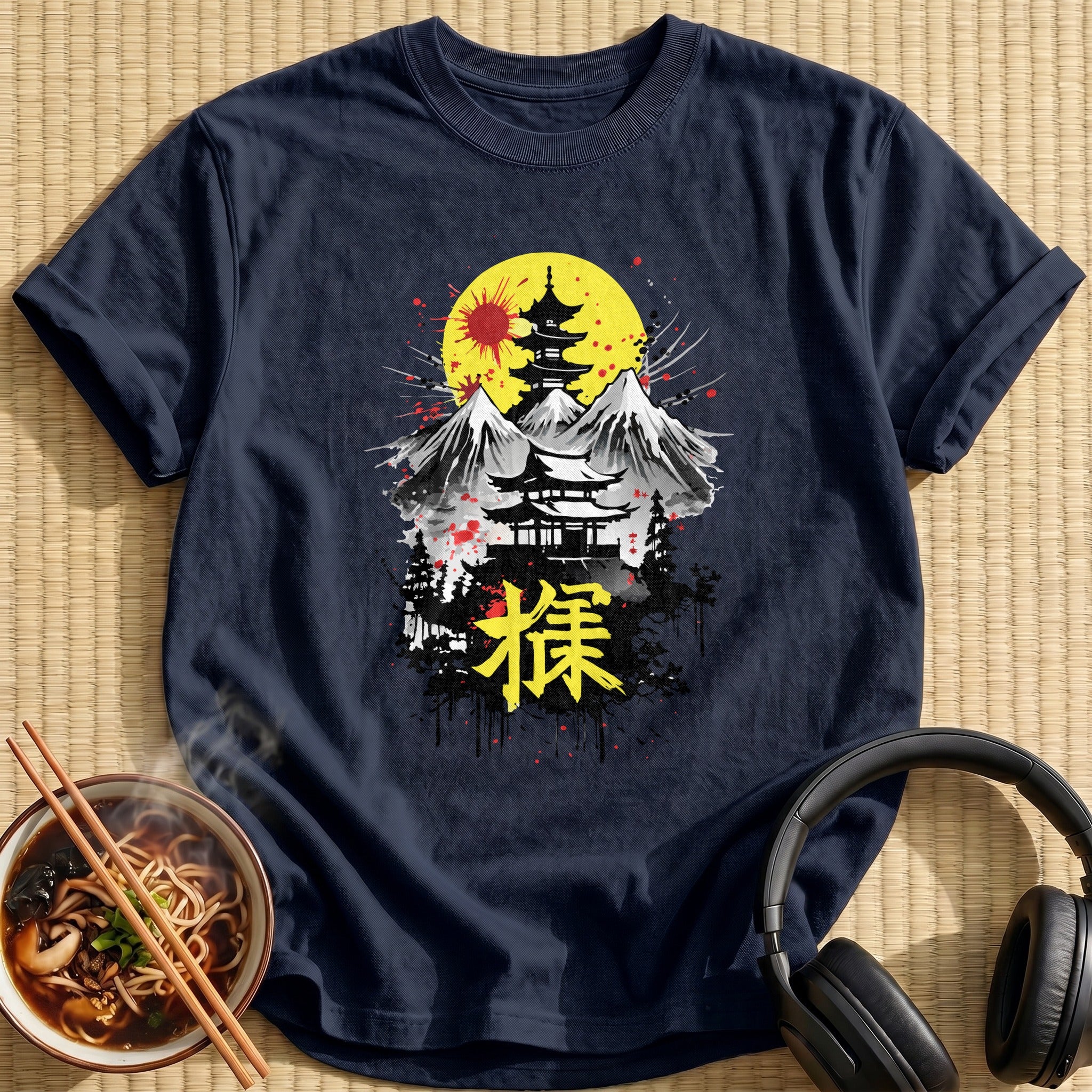 Japanese Pagoda Mountains Red Sun - Navy