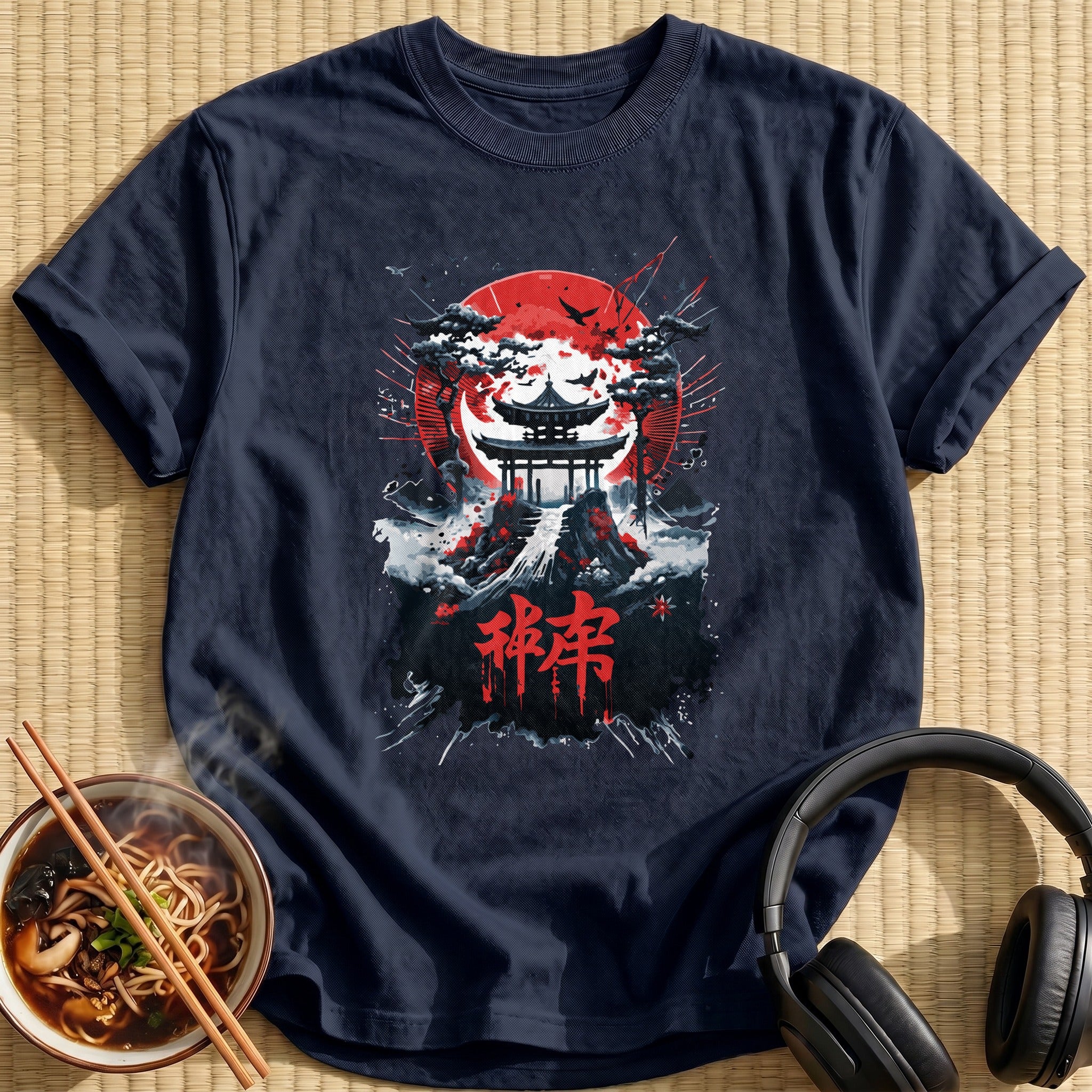 Japanese Temple Red Sun Landscape - Navy