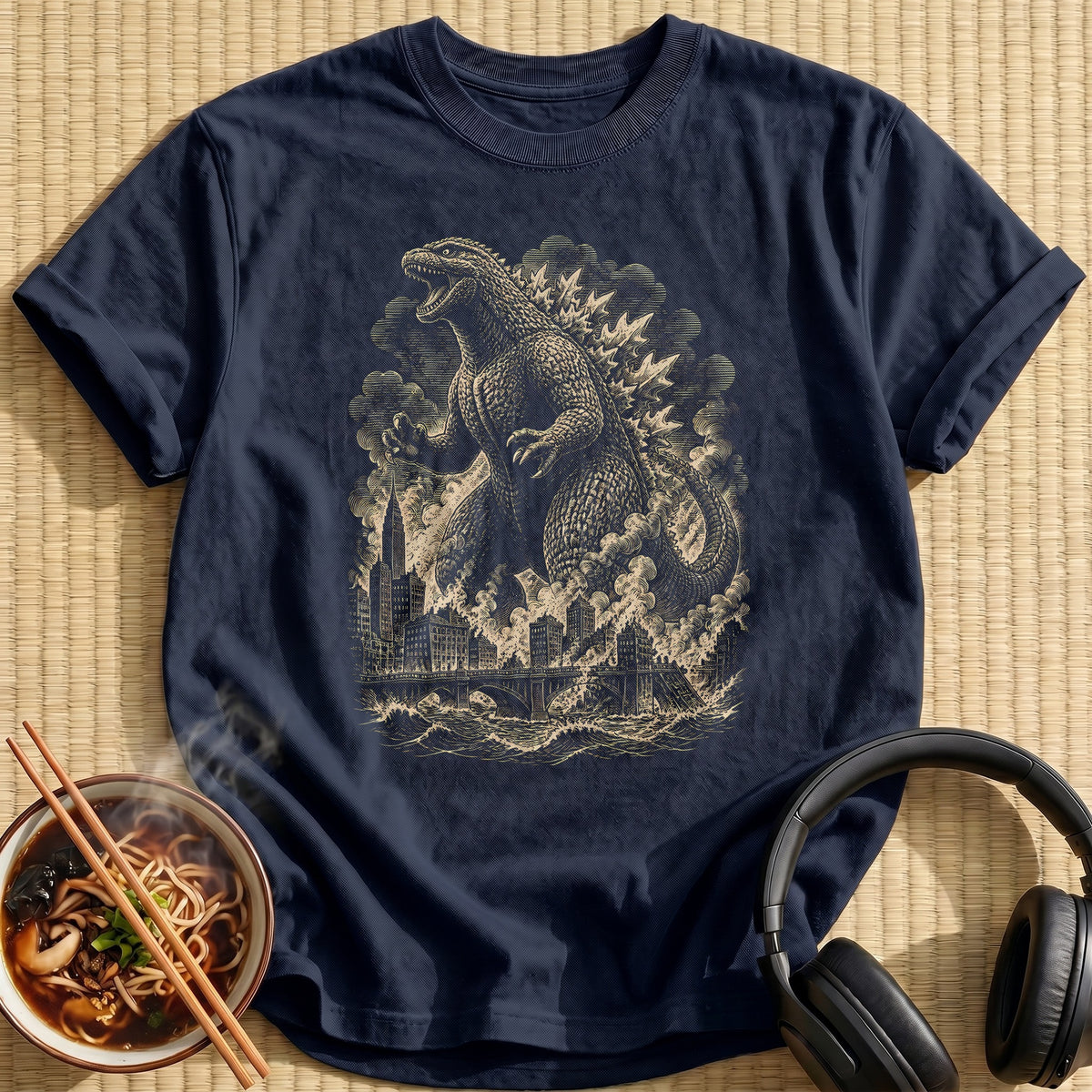 Kaiju Woodcut 93 - Navy