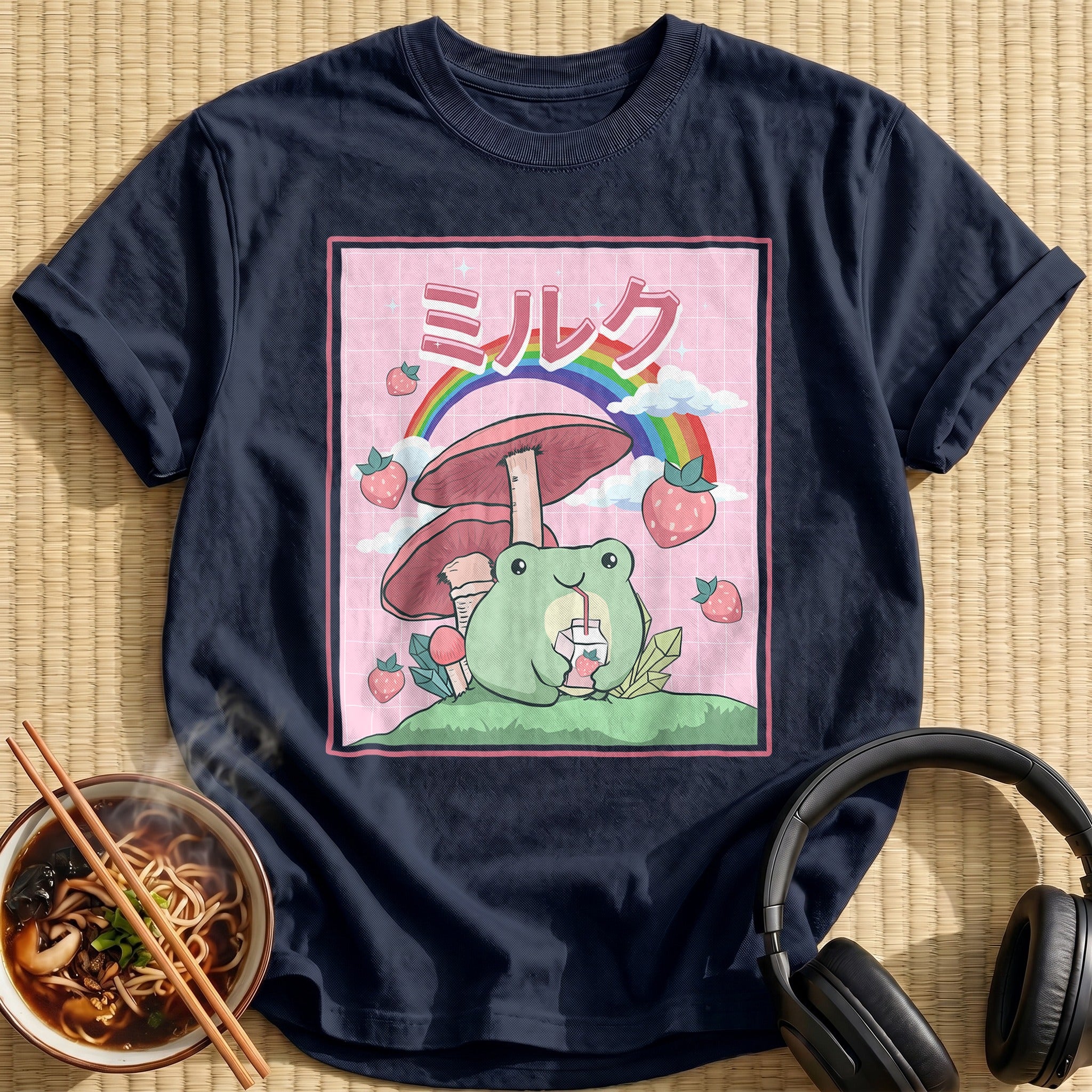 Kawaii Frog Mushroom Rainbow Strawberries - Navy