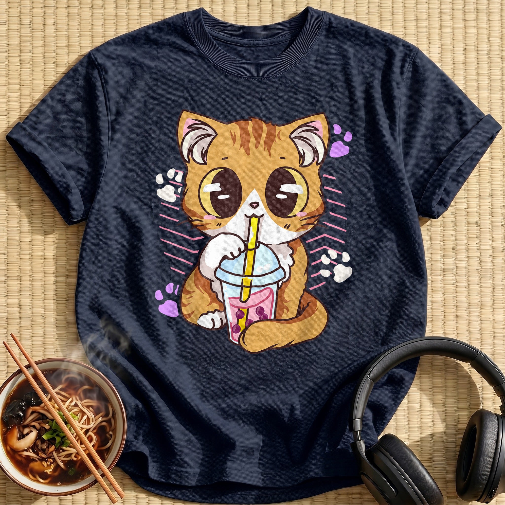 Kawaii Kitten Sipping Bubble Tea - Navy