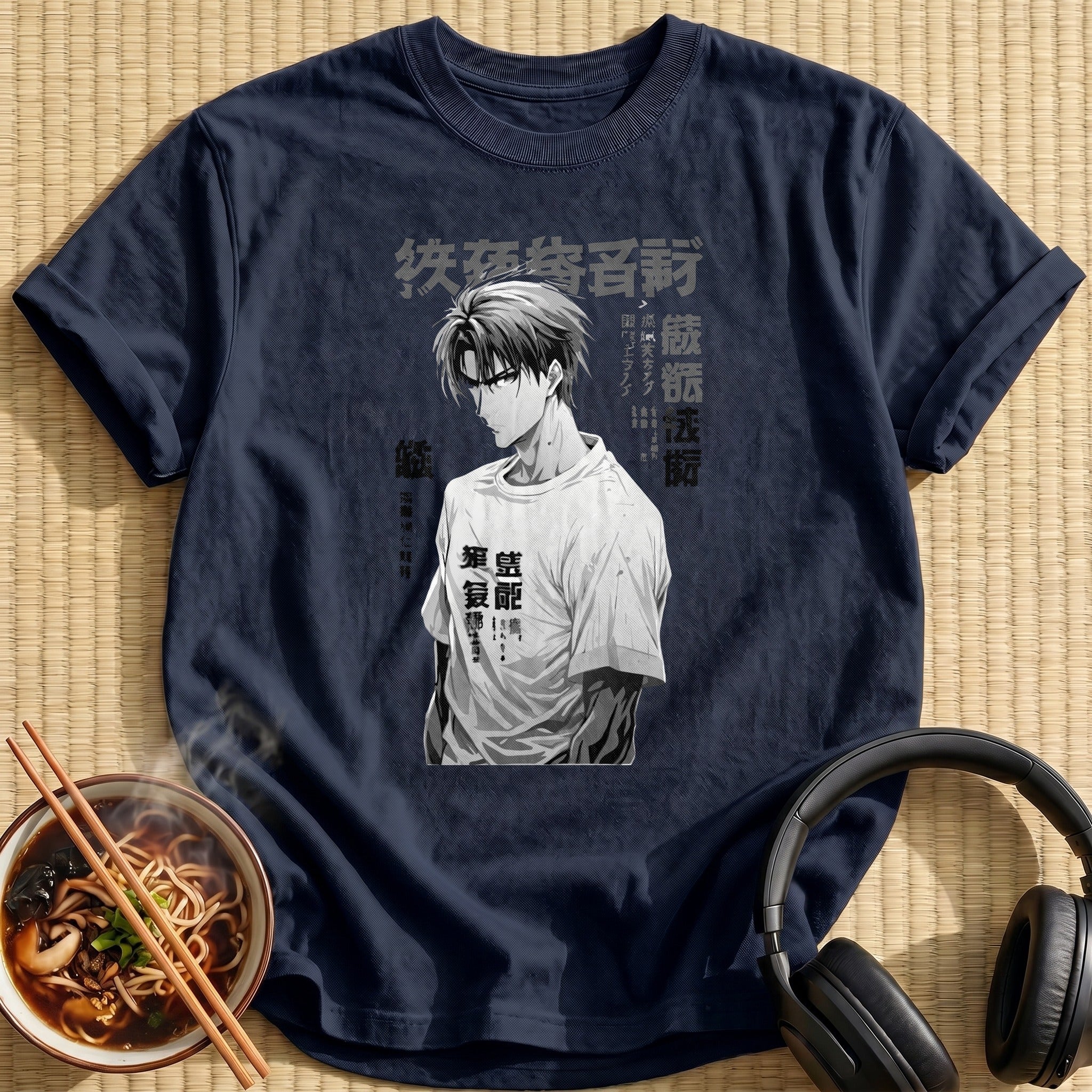 Monochrome Anime Man Casual Tee Portrait - Navy