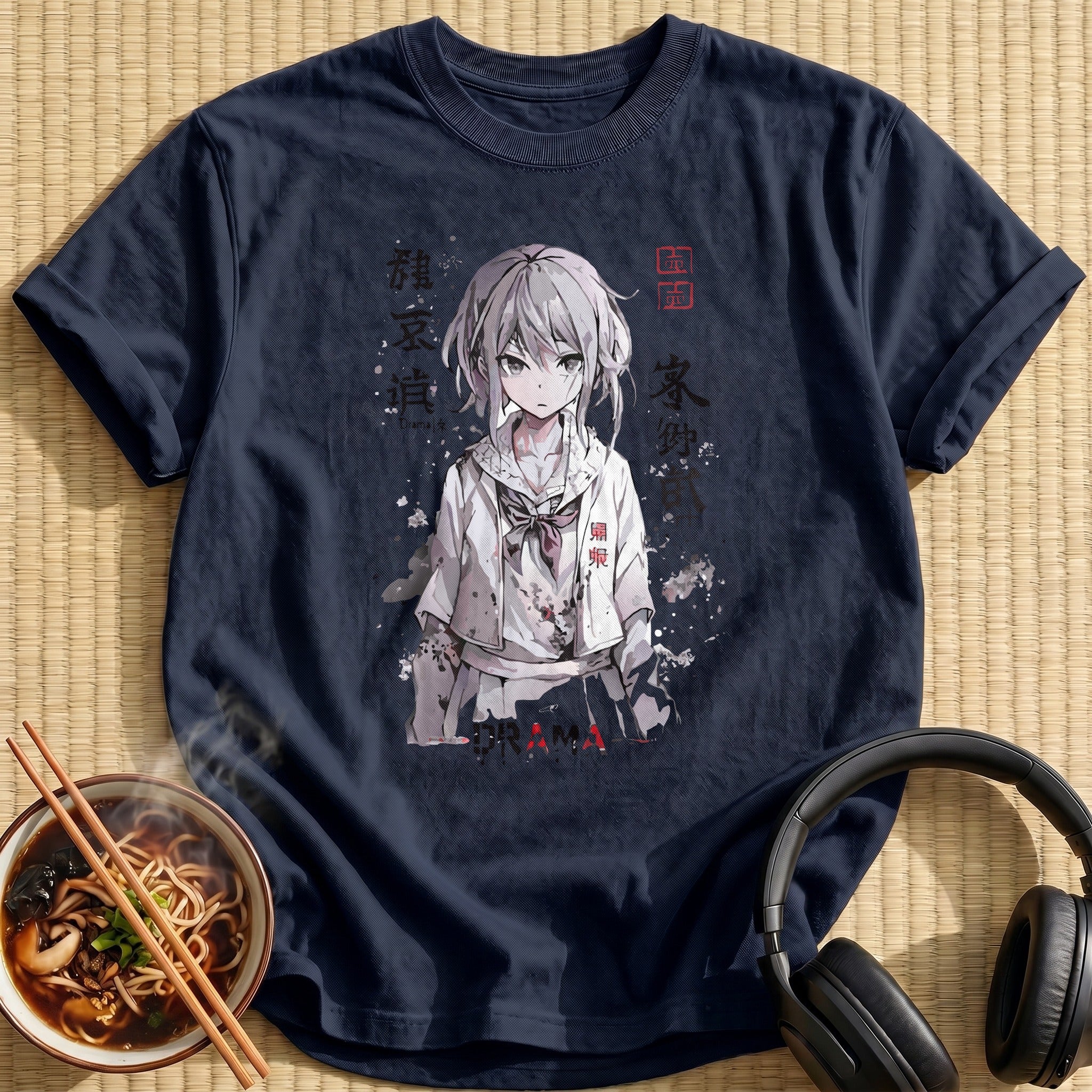 Moody Grey Anime Schoolgirl Portrait - Navy