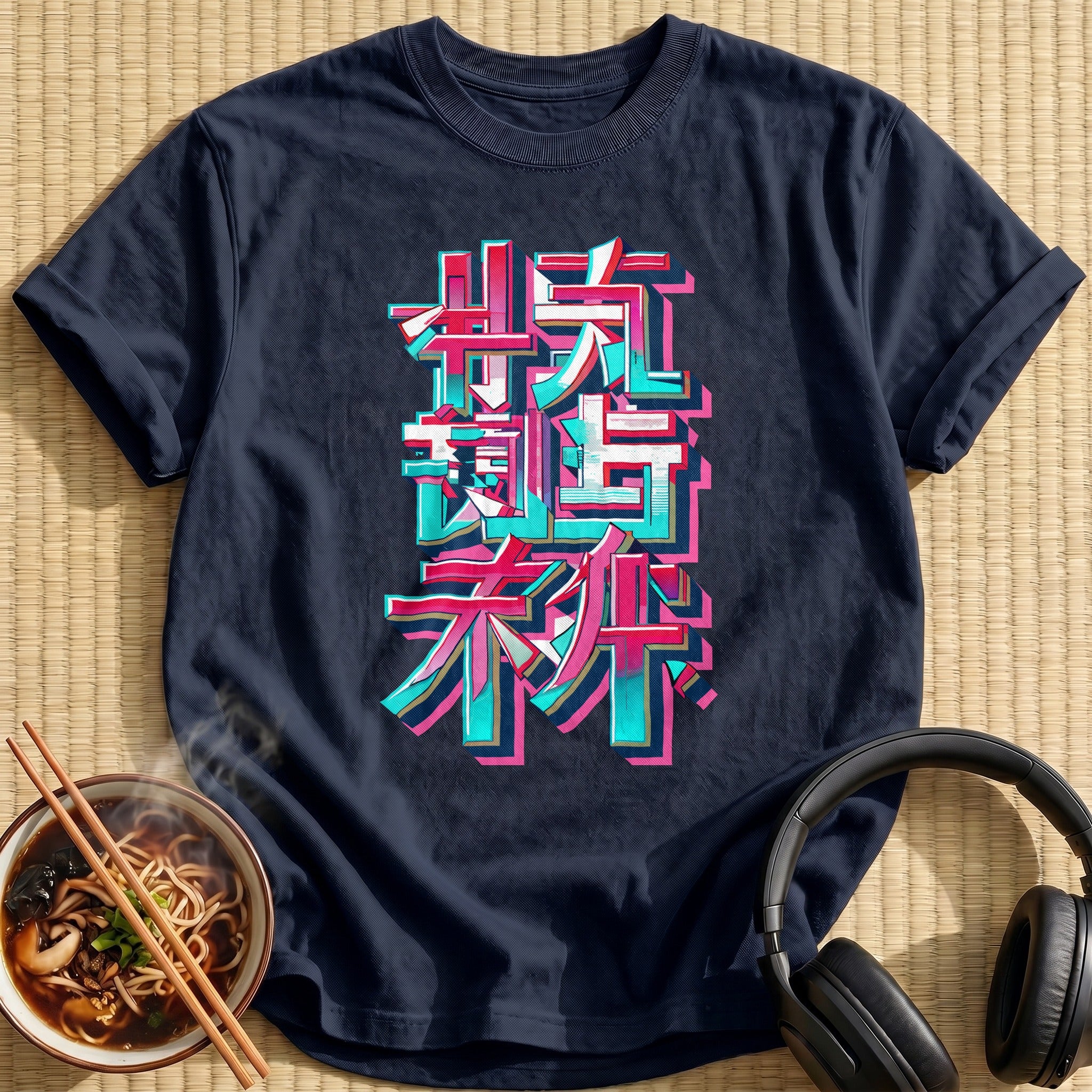Neon Glitch Japanese Kanji Lettering - Navy