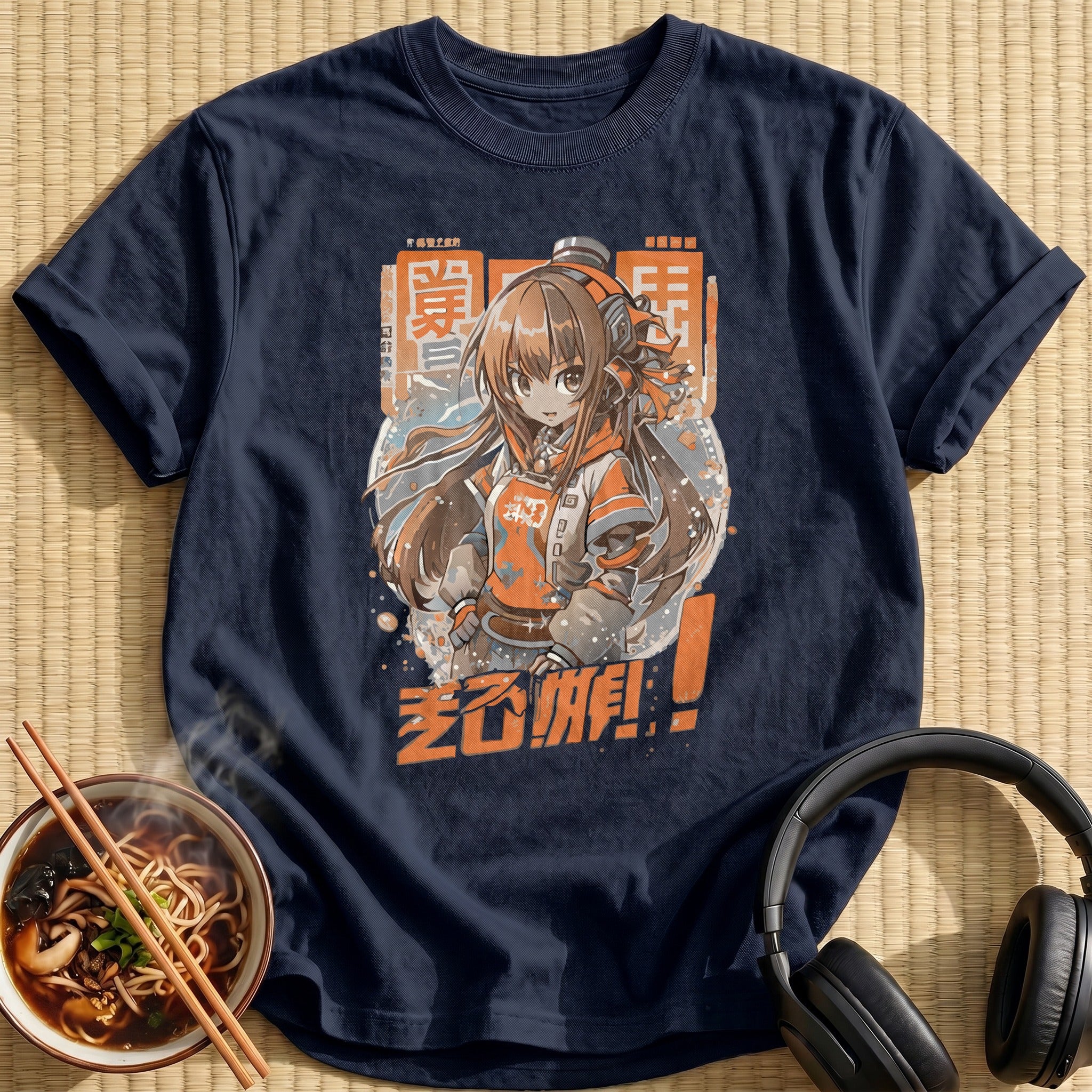 Orange Headphones Anime Gamer Girl - Navy