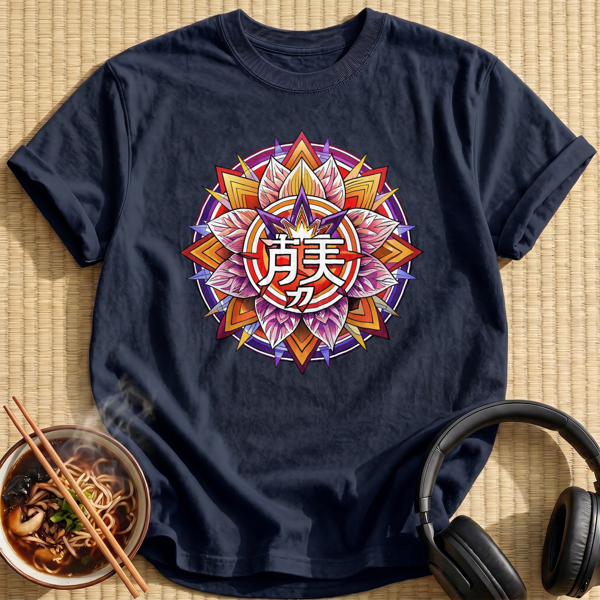 Ornate Lotus Mandala Kanji Emblem - Navy