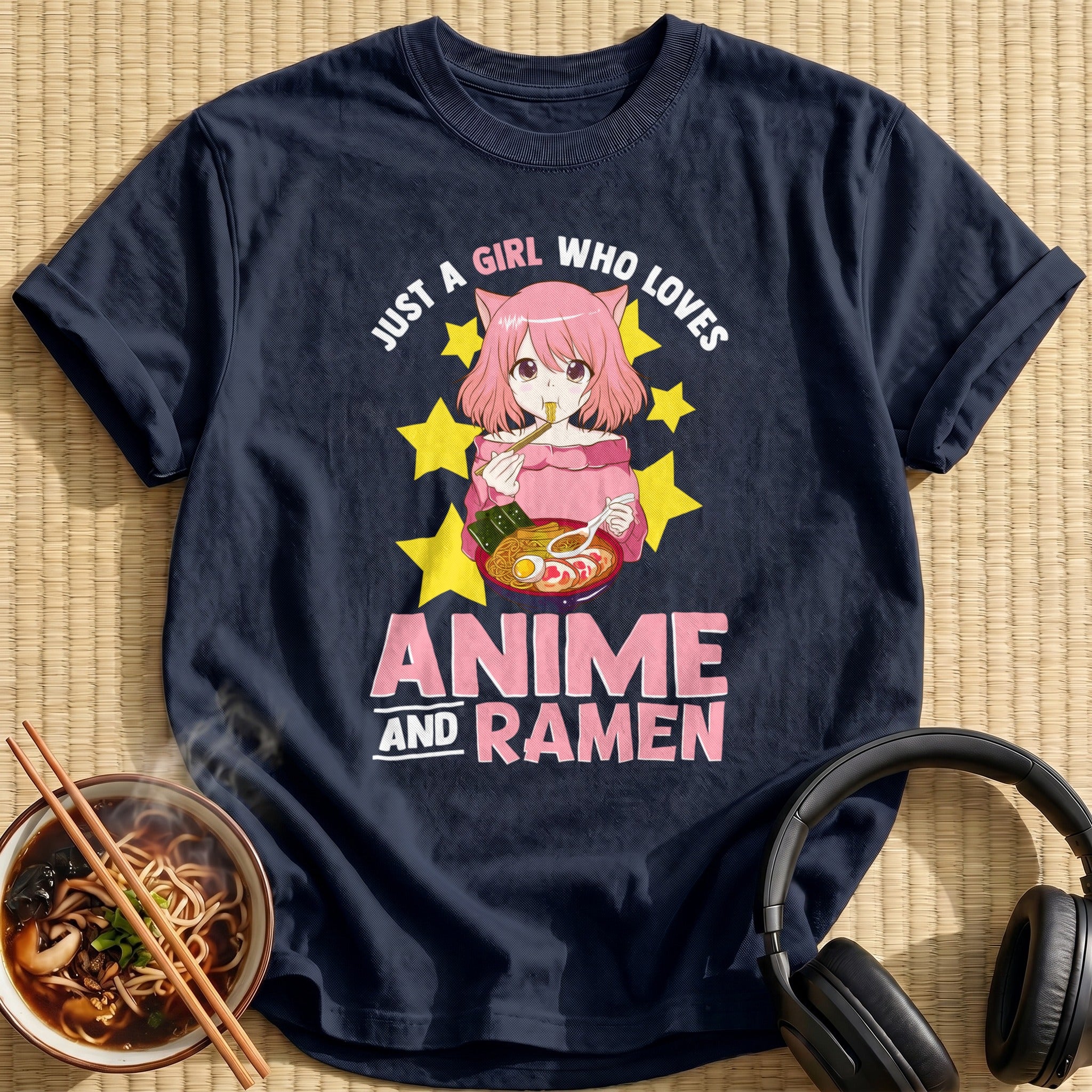 Pink Cat Girl Slurping Ramen - Navy