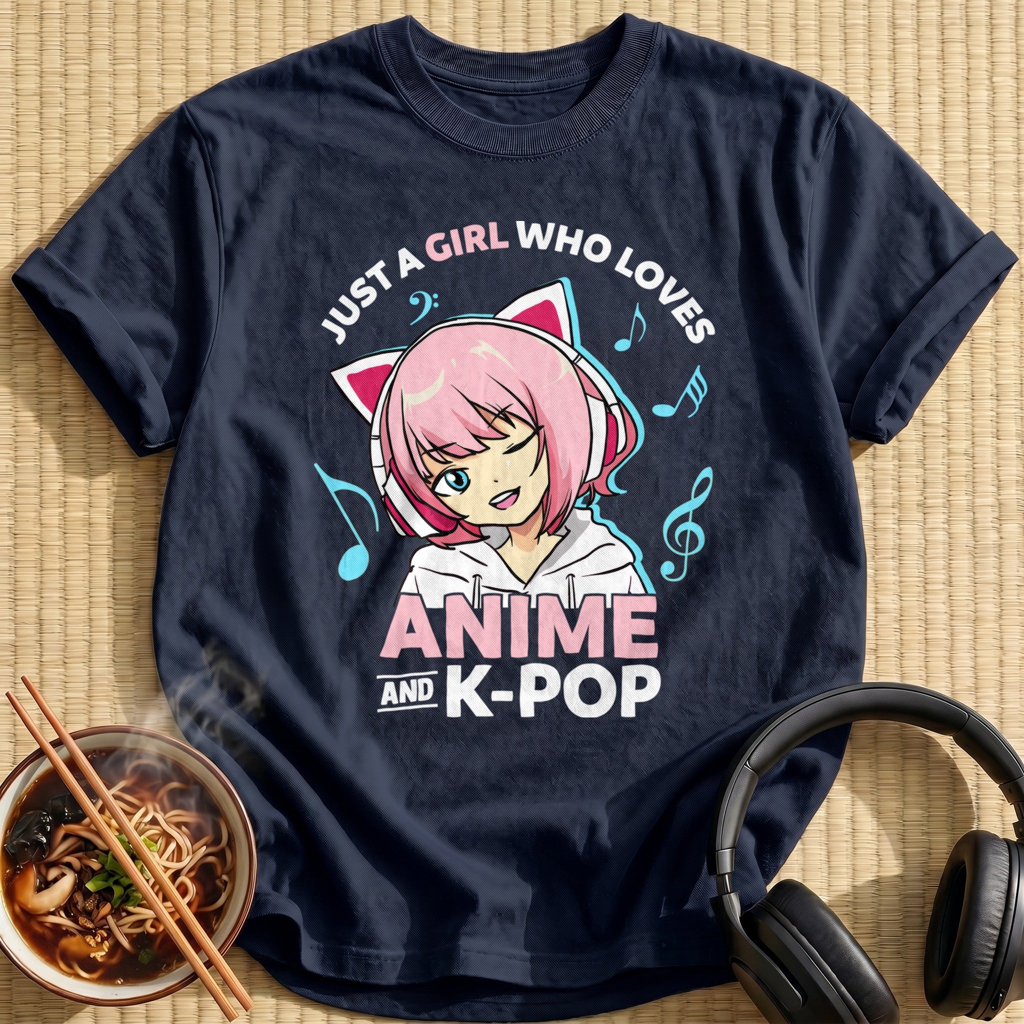 Pink Cat Headphones Music Girl - Navy